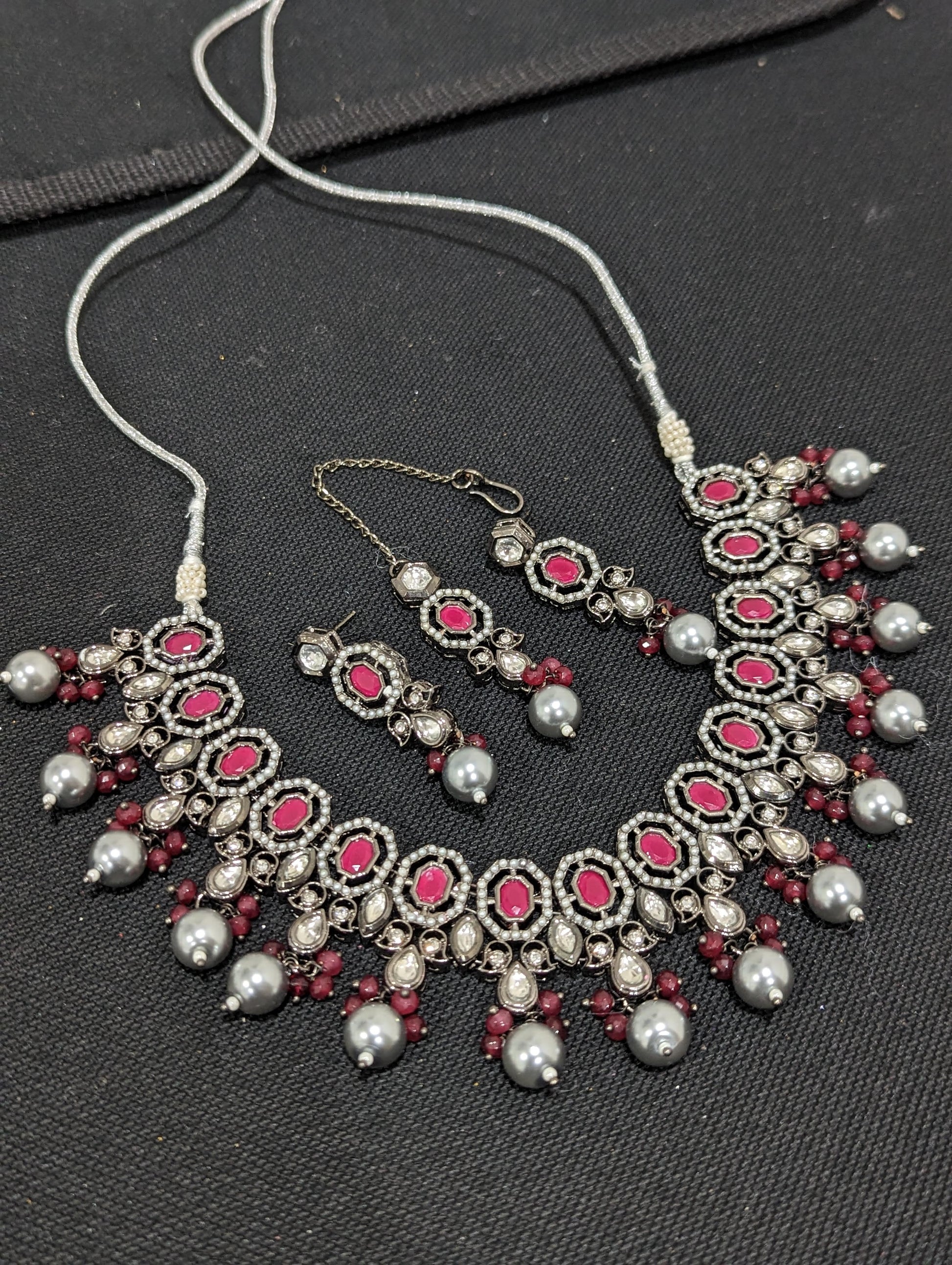 Hexagon choker Necklace and Earring set with Maang Tikka- Black plating - Simpliful