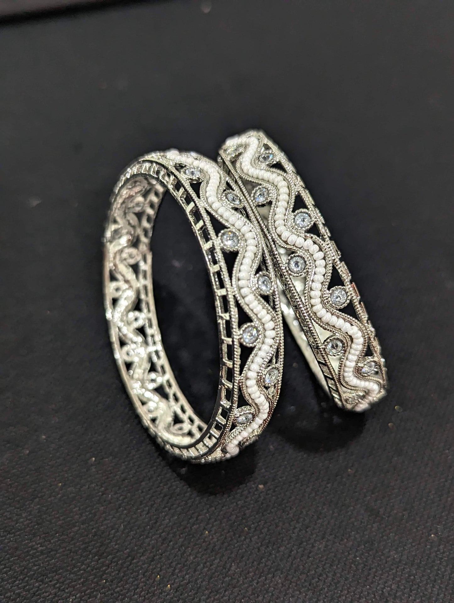Silver rhodium finish Wave design Polki stone Designer Bangles