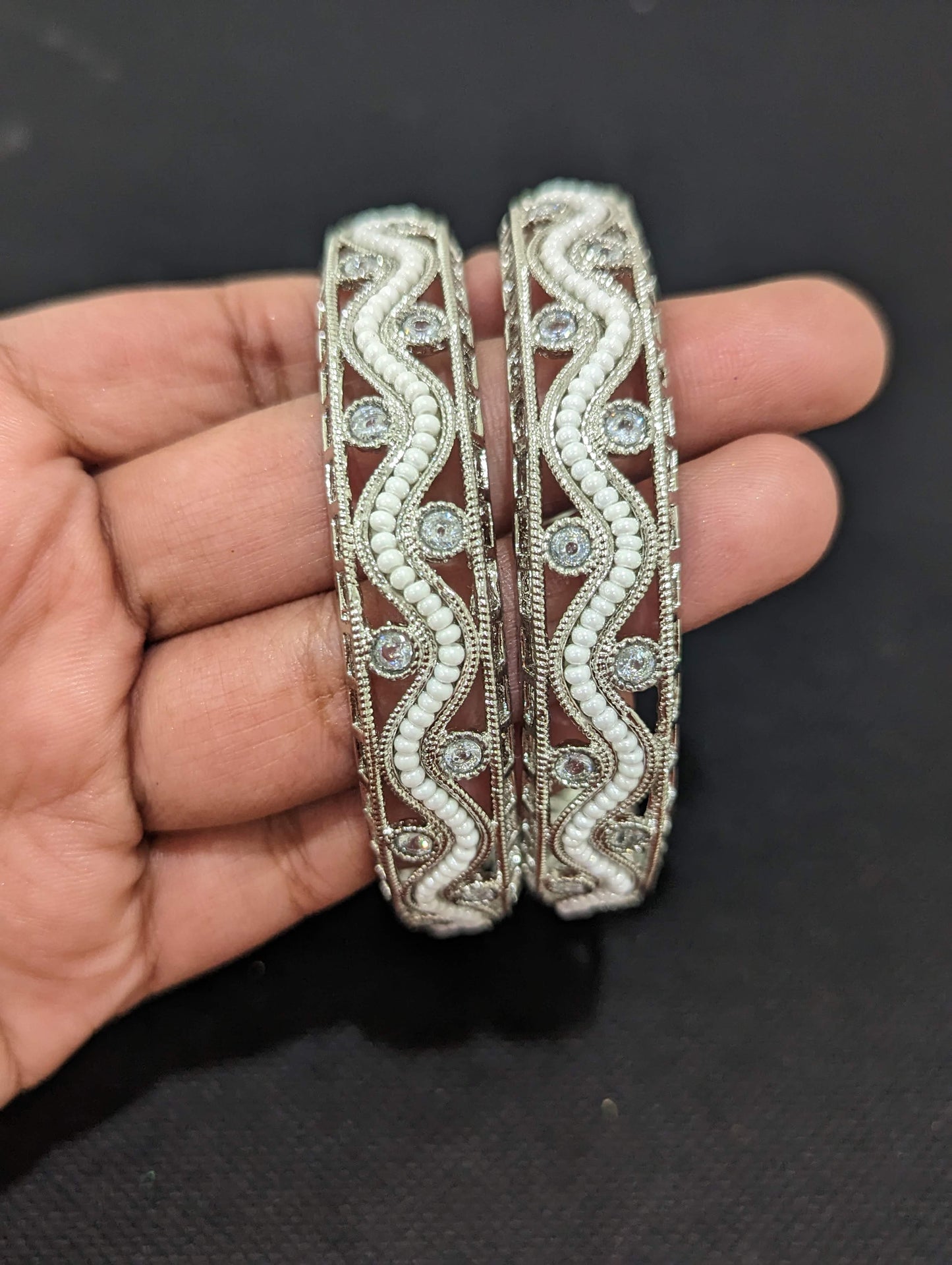 Silver rhodium finish Wave design Polki stone Designer Bangles