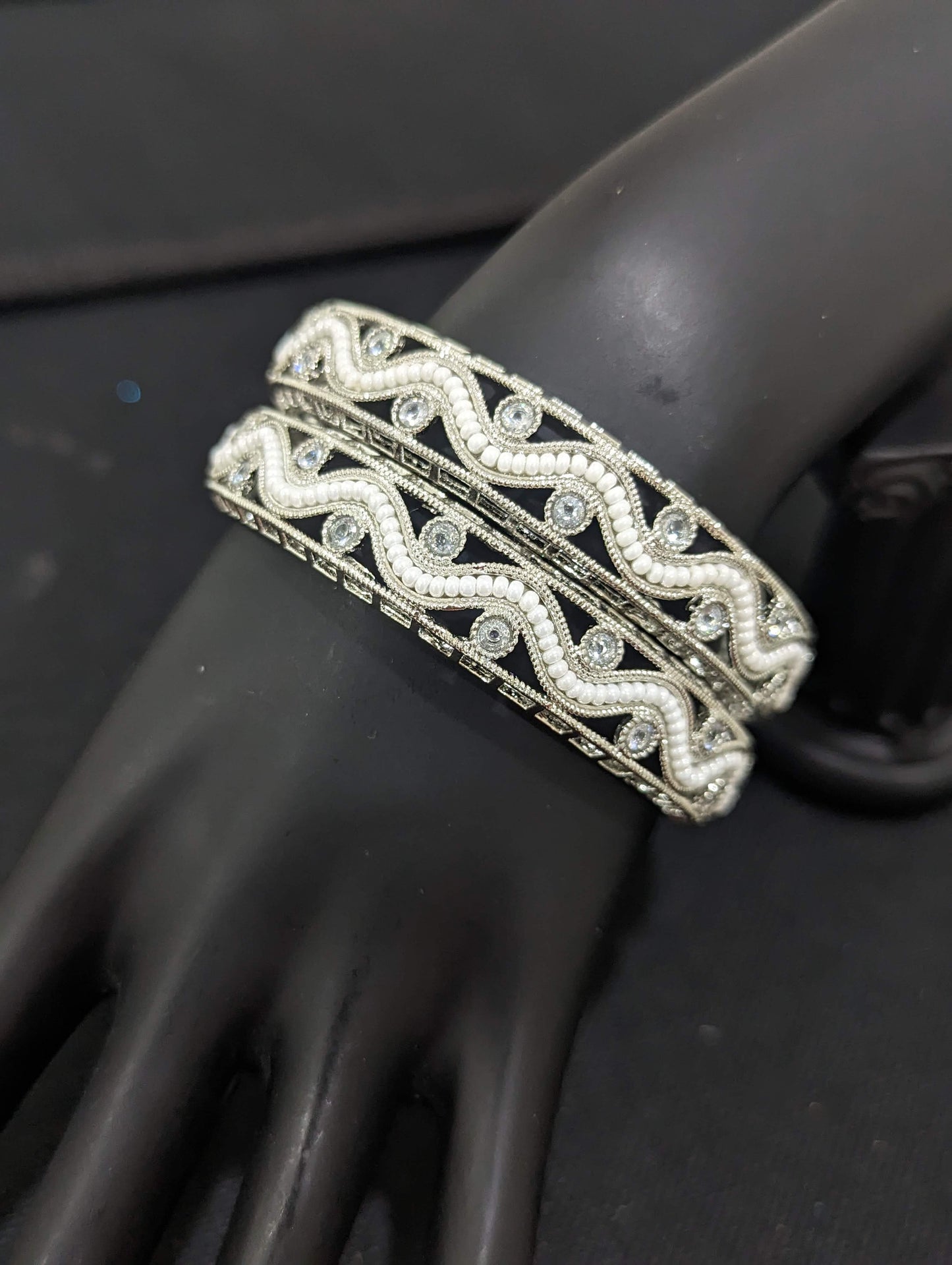 Silver rhodium finish Wave design Polki stone Designer Bangles