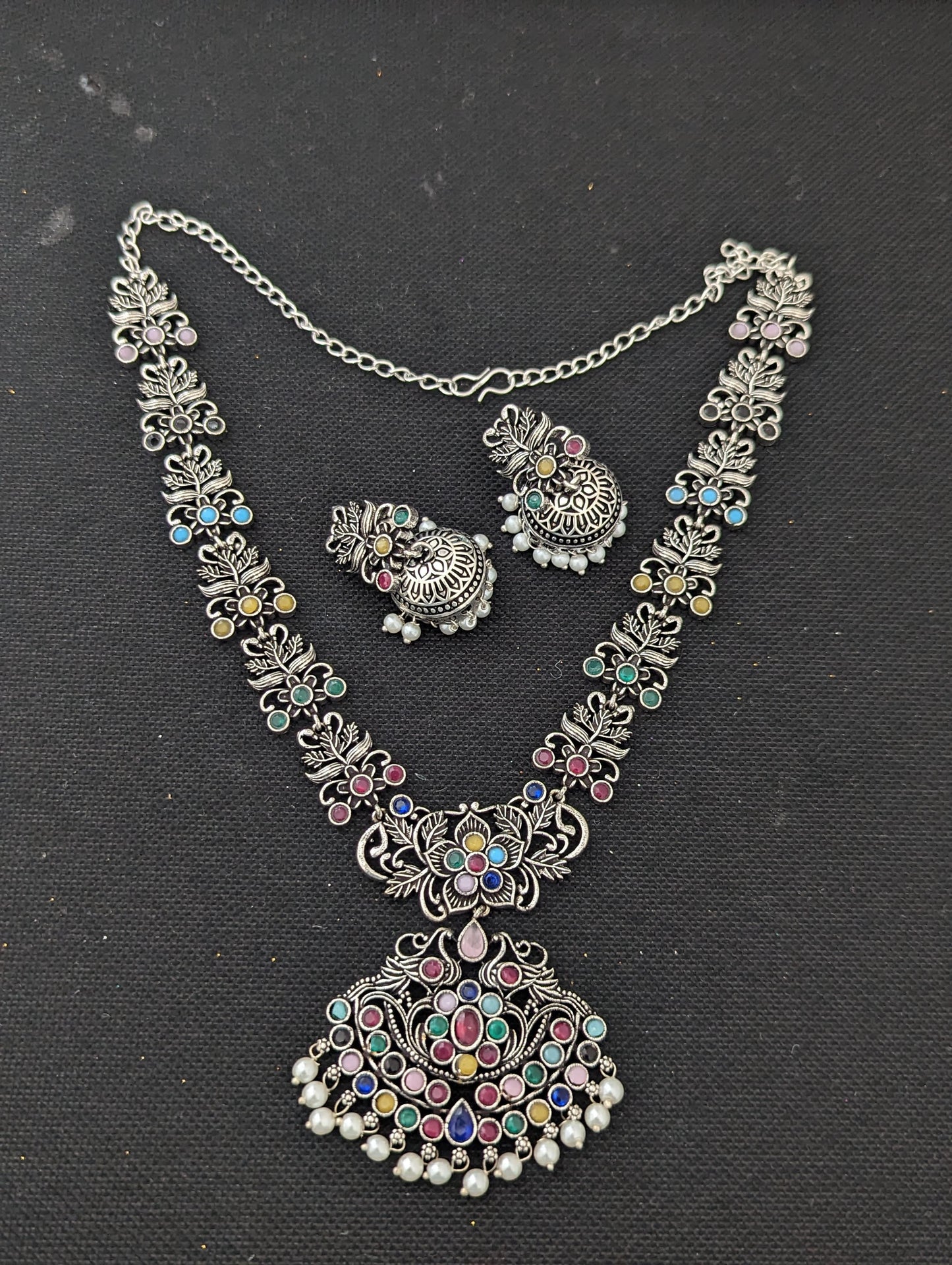 Pearl dangle Polki Oxidized Choker Set