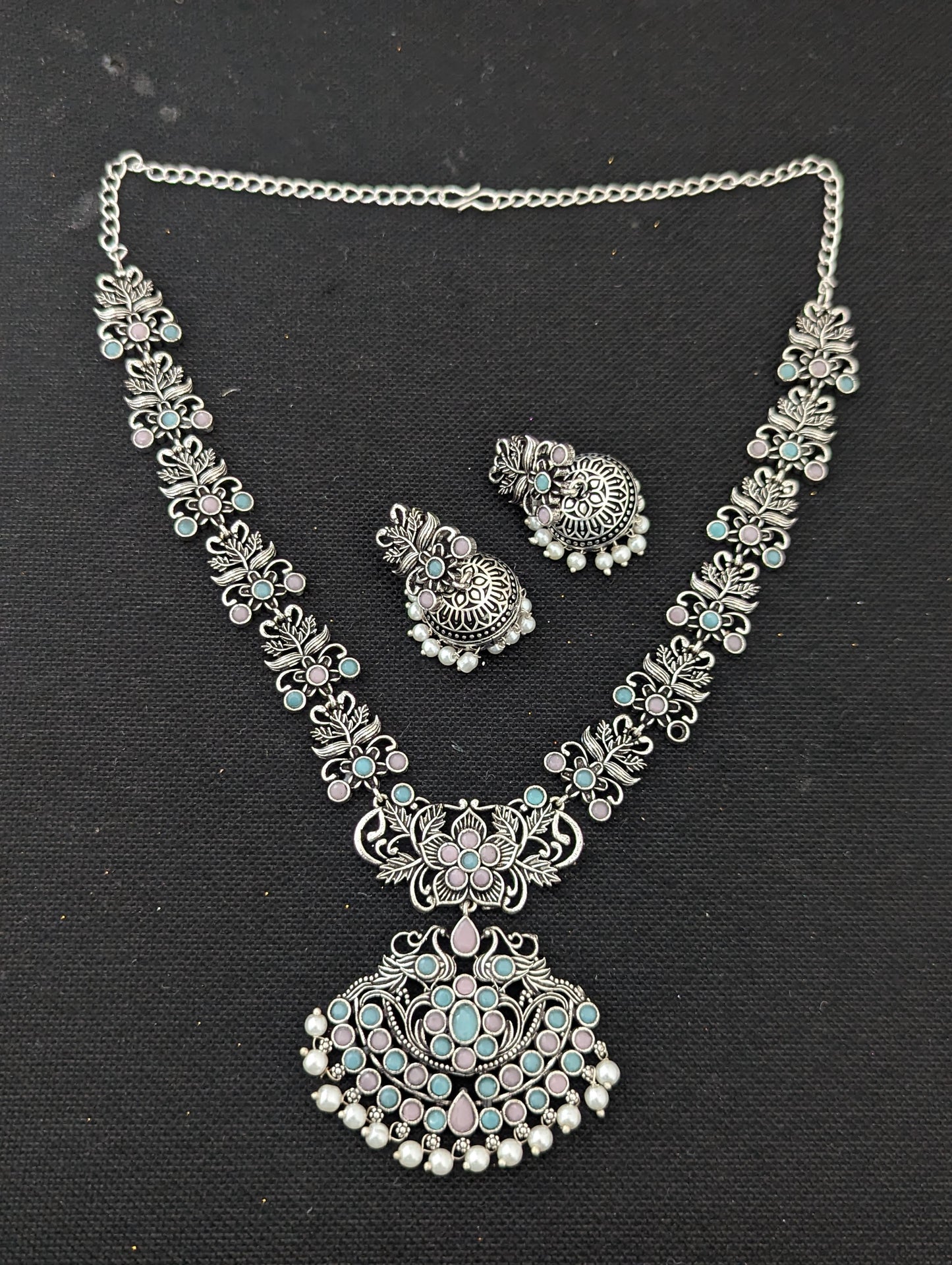 Pearl dangle Polki Oxidized Choker Set