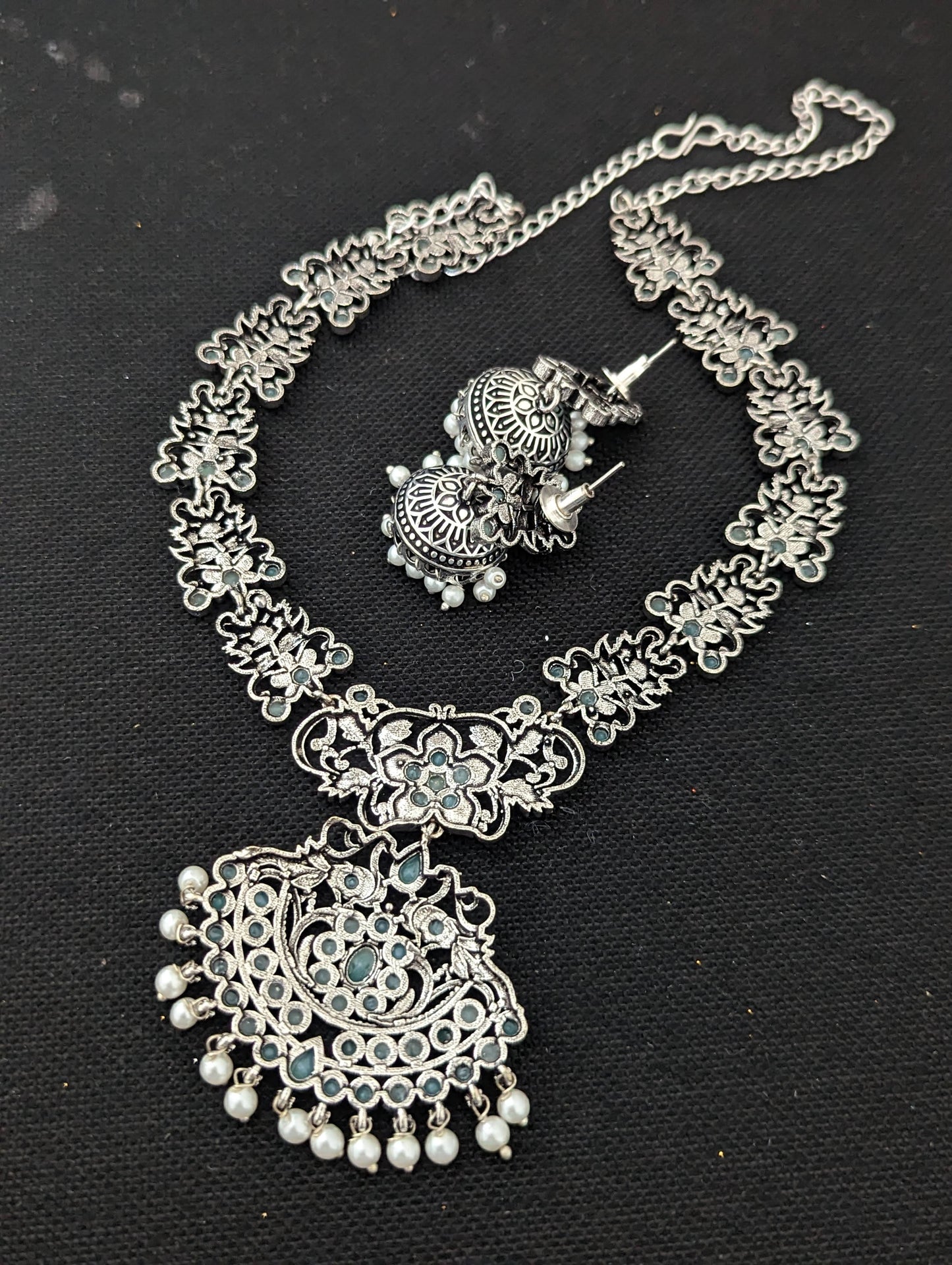 Pearl dangle Polki Oxidized Choker Set