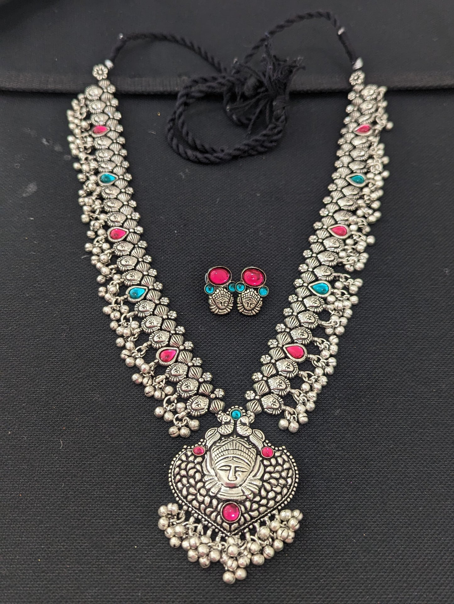 Oxidized Silver Durga Maa Long Haram Necklace and Stud Earrings Set