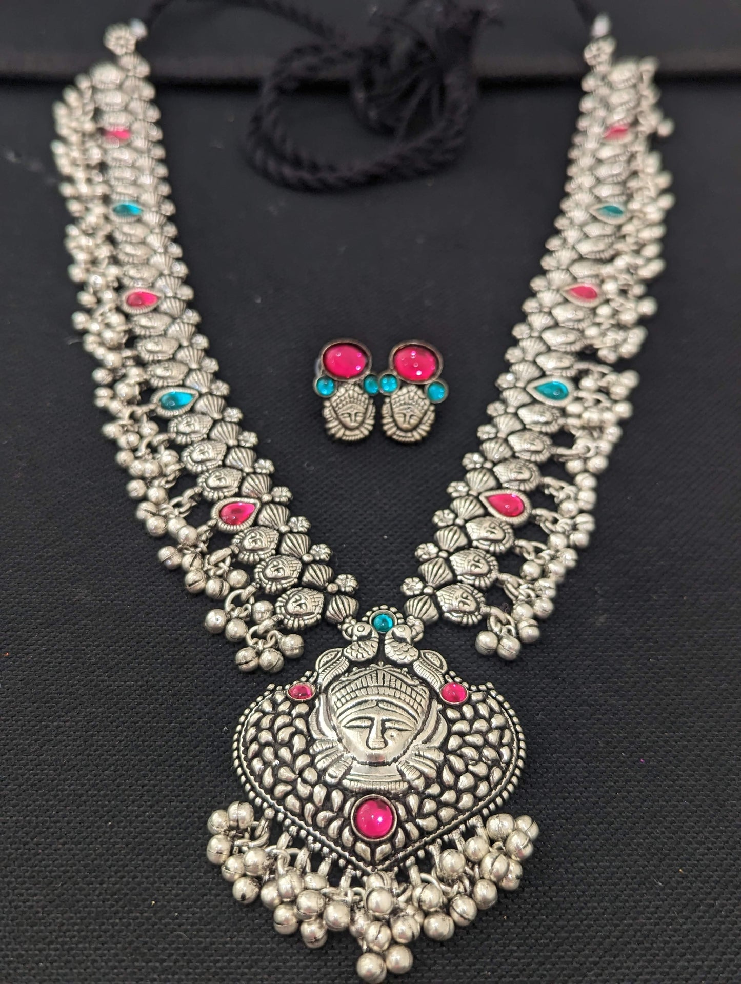 Oxidized Silver Durga Maa Long Haram Necklace and Stud Earrings Set