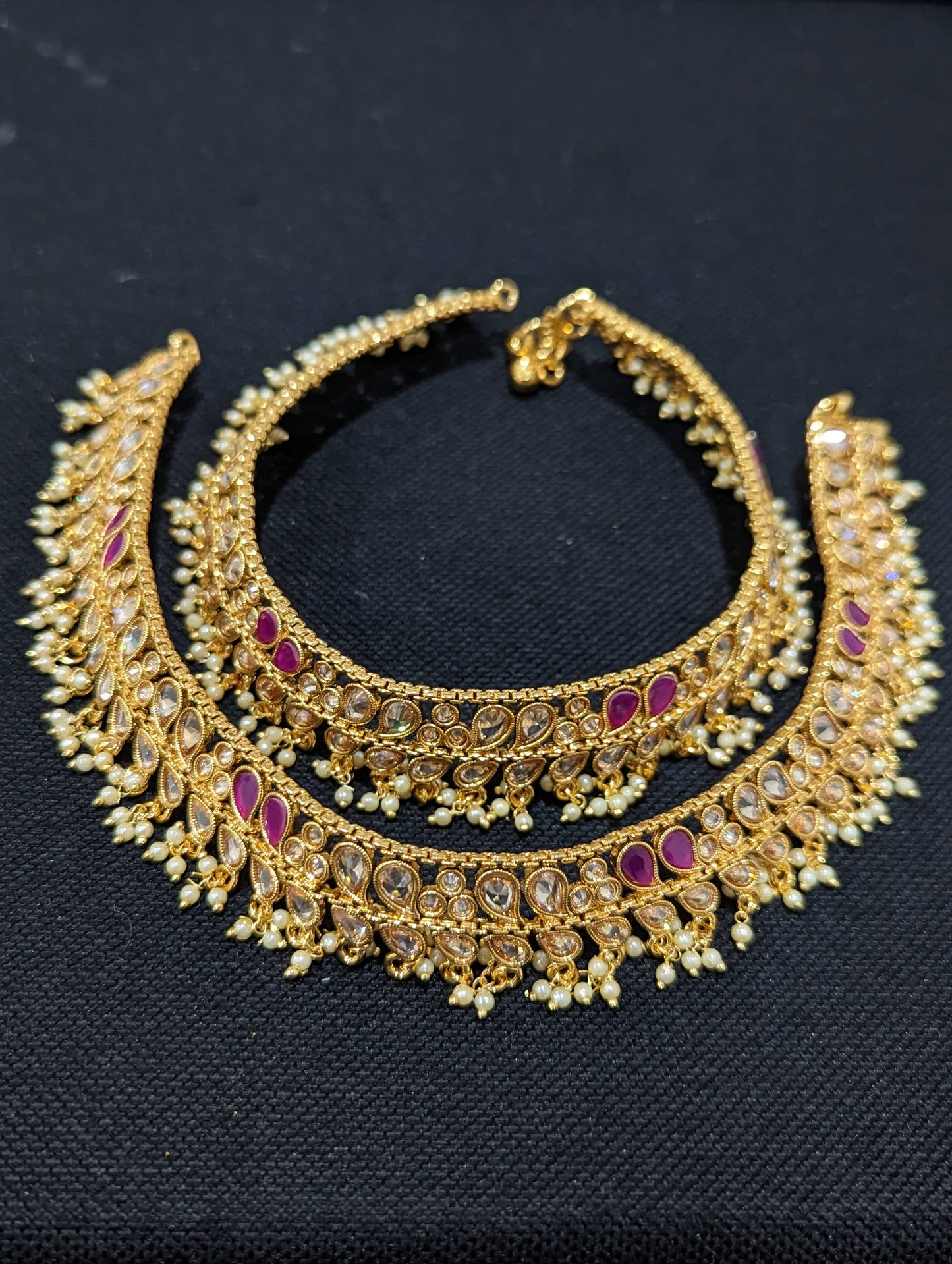 Gold plated Polki stone bead dangle Bridal Anklets - D2