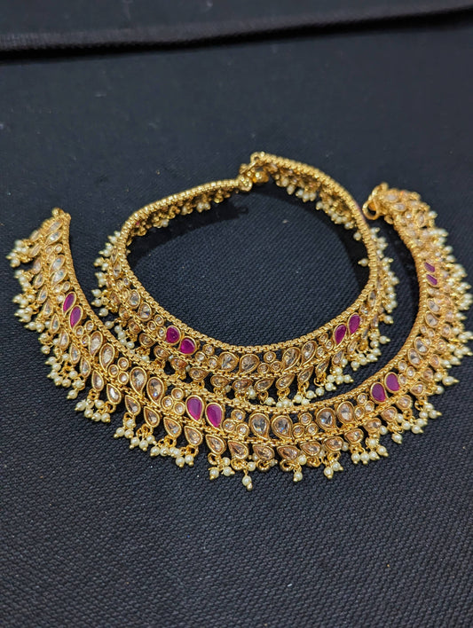 Gold plated Polki stone bead dangle Bridal Anklets - D2