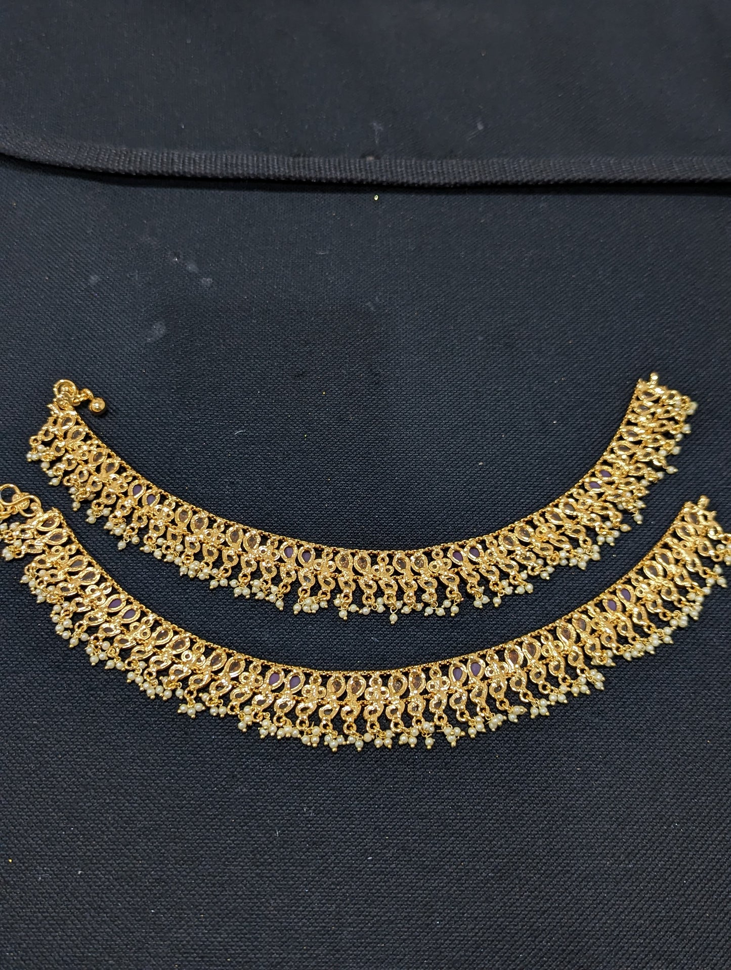 Gold plated Polki stone bead dangle Bridal Anklets - D2