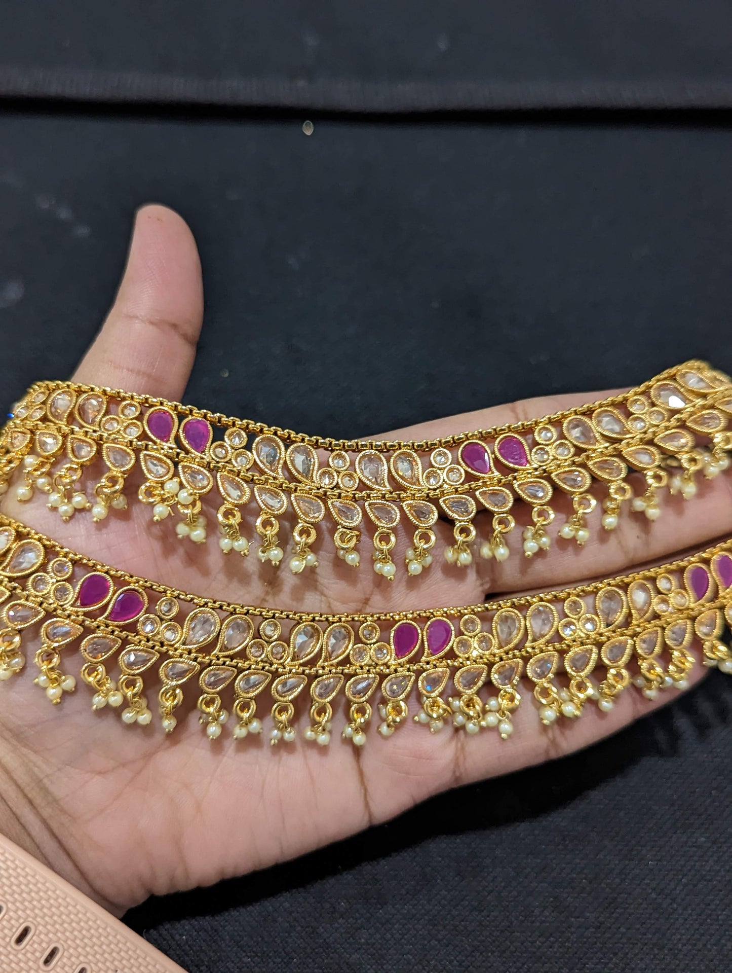 Gold plated Polki stone bead dangle Bridal Anklets - D2