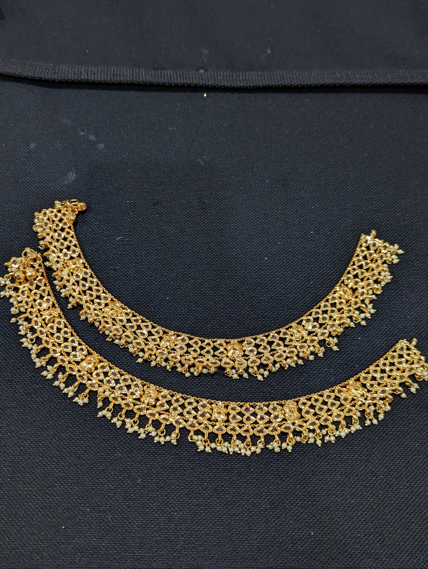 Gold plated Polki stone bead dangle Bridal Anklets - D3