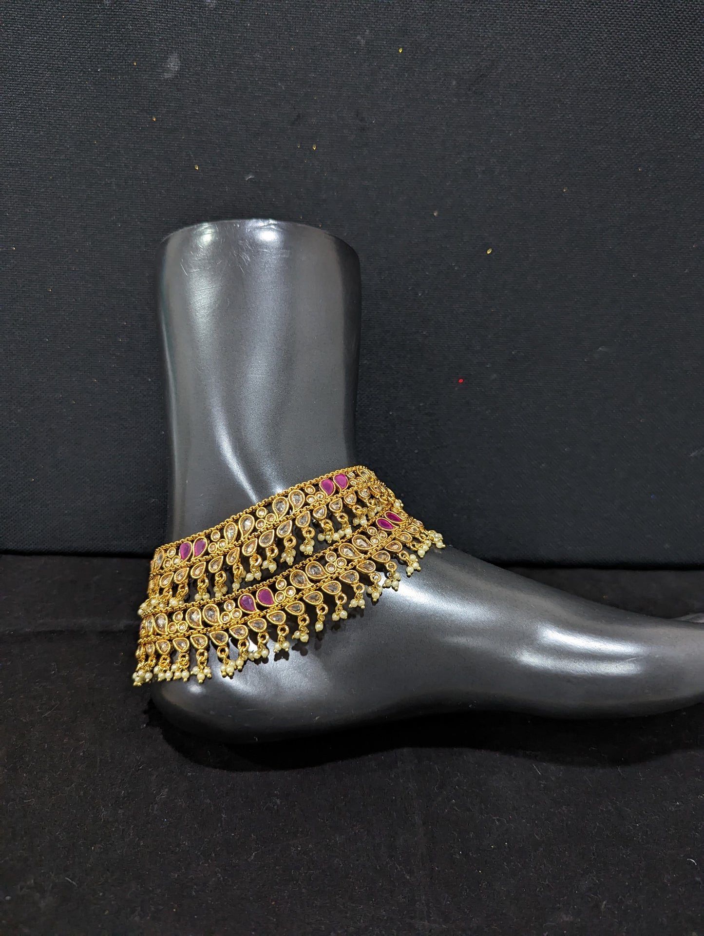 Gold plated Polki stone bead dangle Bridal Anklets - D2