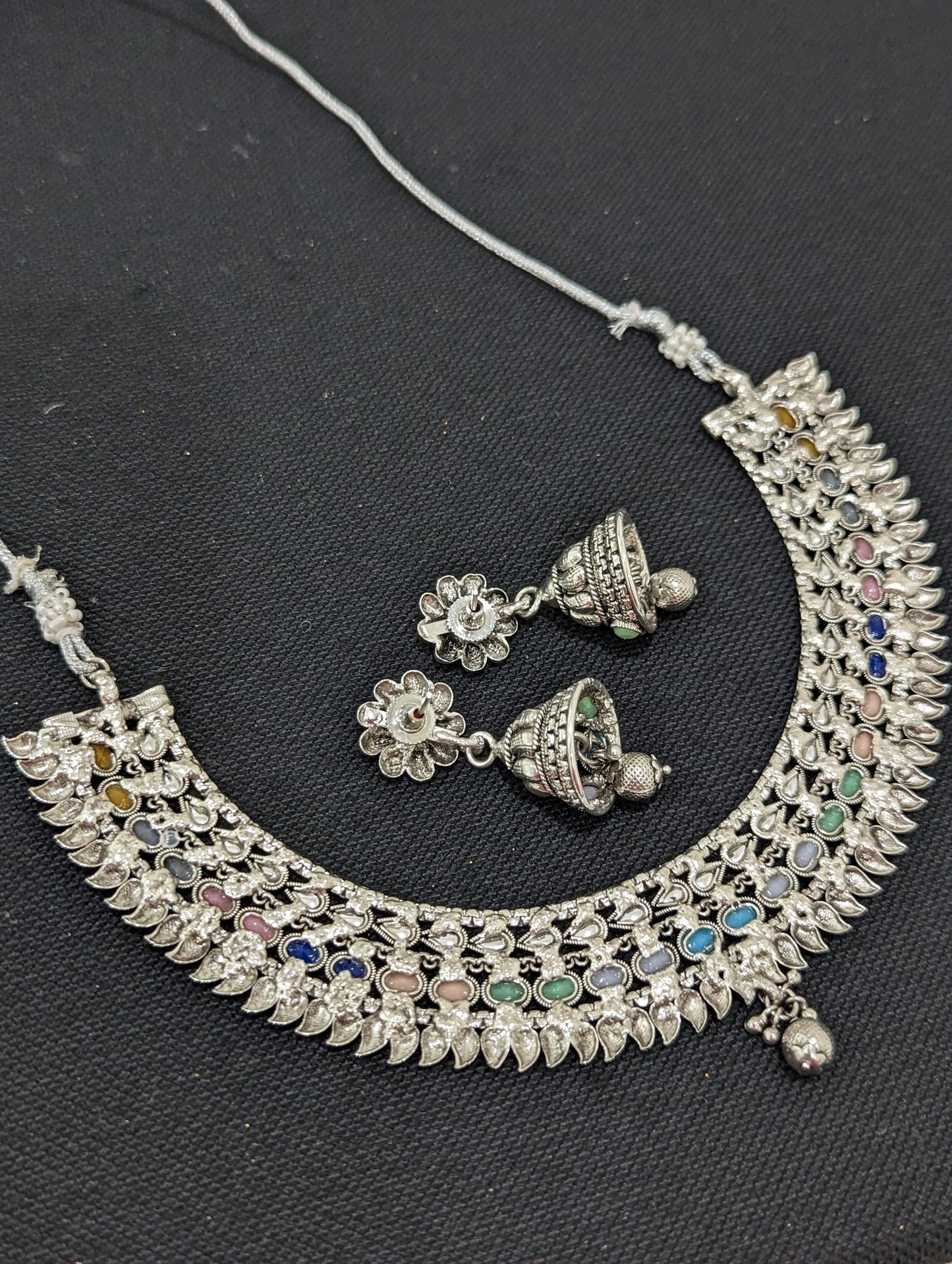 Oxidized silver Oval Polki stone choker Necklace set