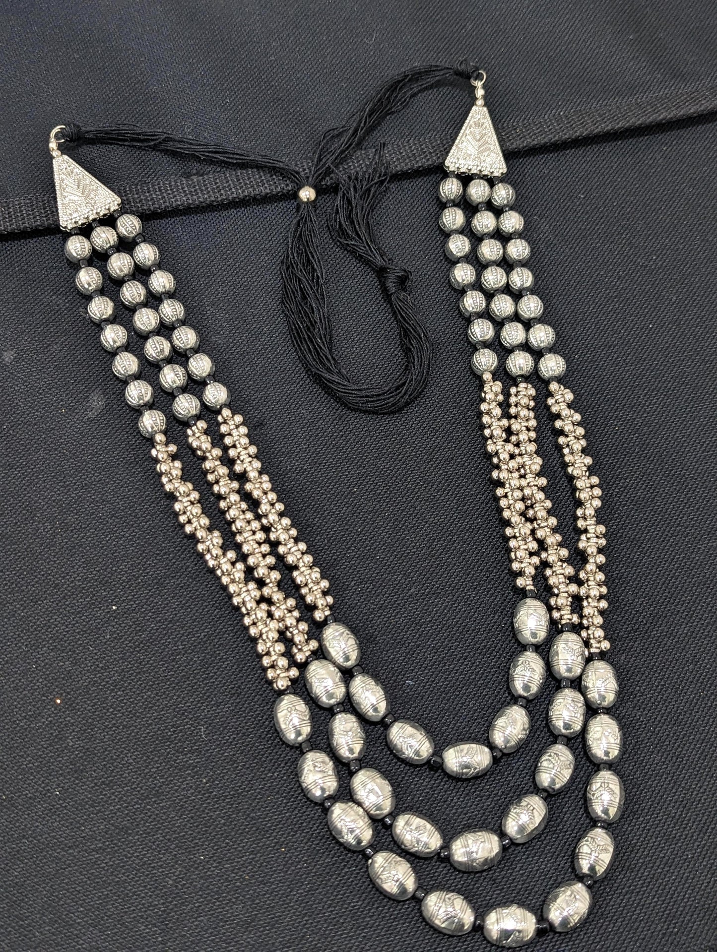 Triple stranded Oxidized silver Long chain Necklace