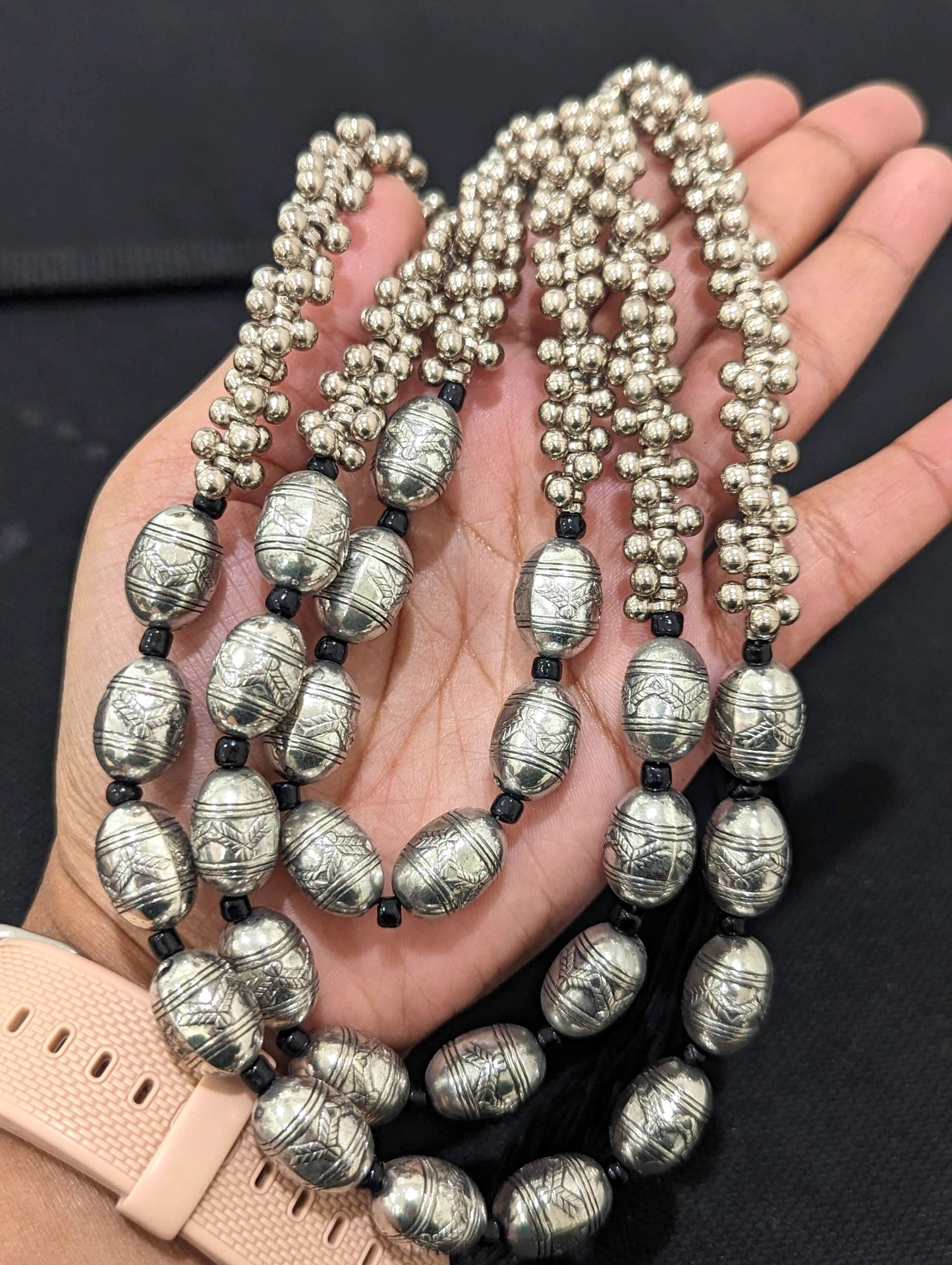 Triple stranded Oxidized silver Long chain Necklace