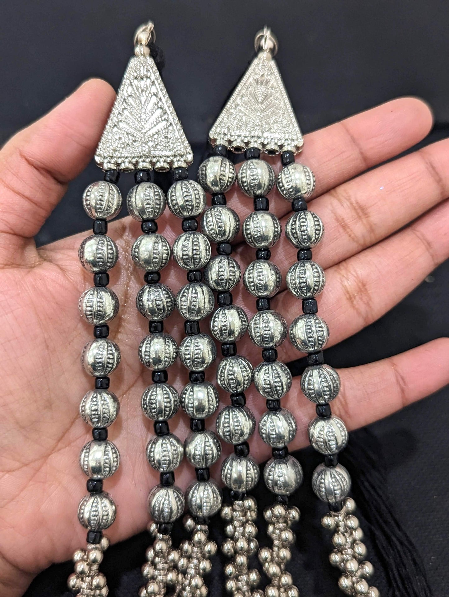 Triple stranded Oxidized silver Long chain Necklace