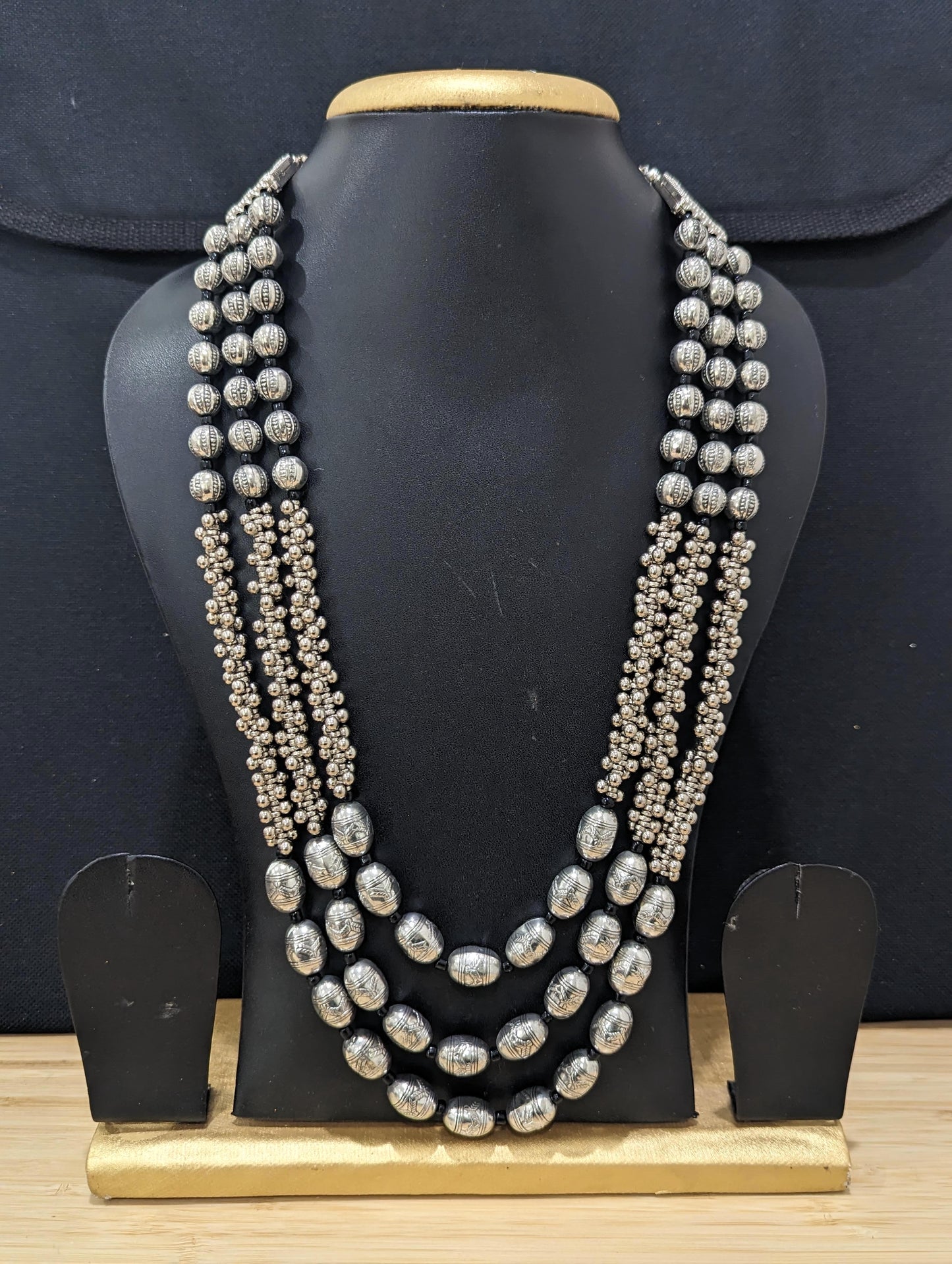 Triple stranded Oxidized silver Long chain Necklace