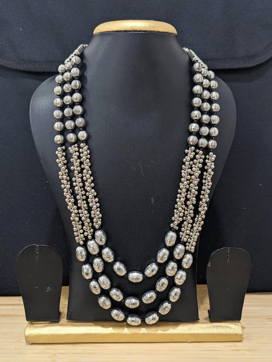 Triple stranded silver beaded Long chain Necklace