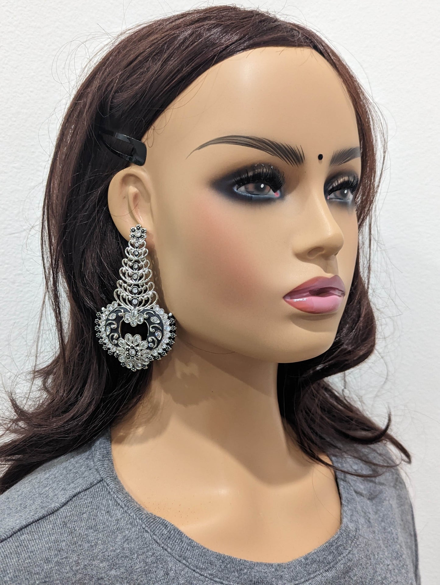 Silver rhodium polished Chandbali Earrings