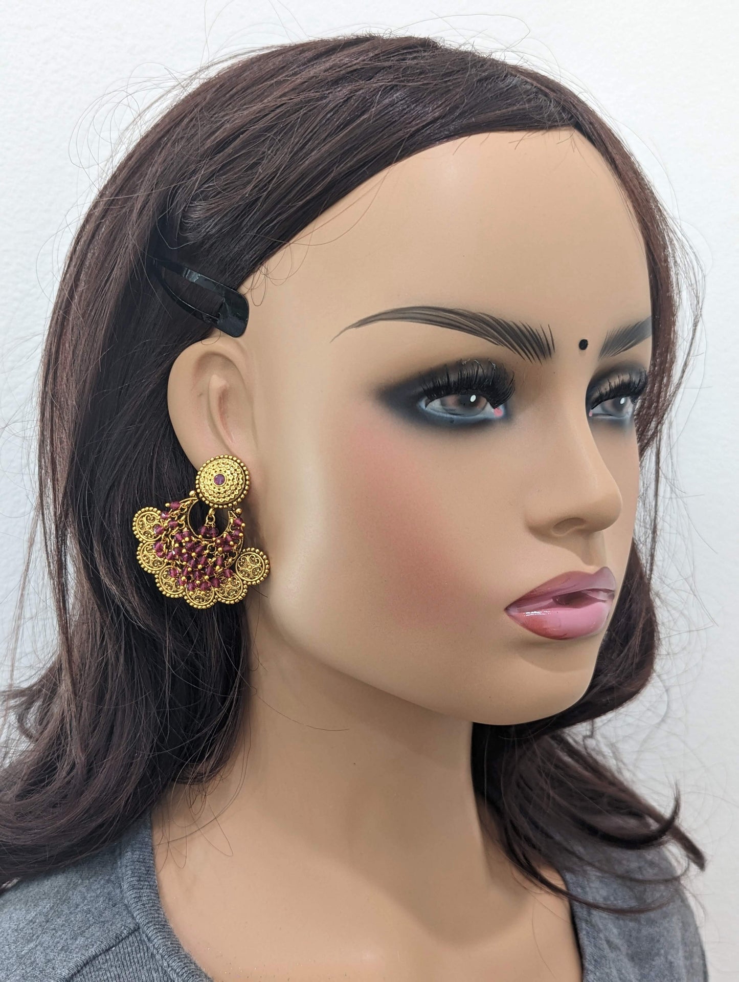 Traditional Antique gold Chandbali Earring with shiny crystal bead - Simpliful