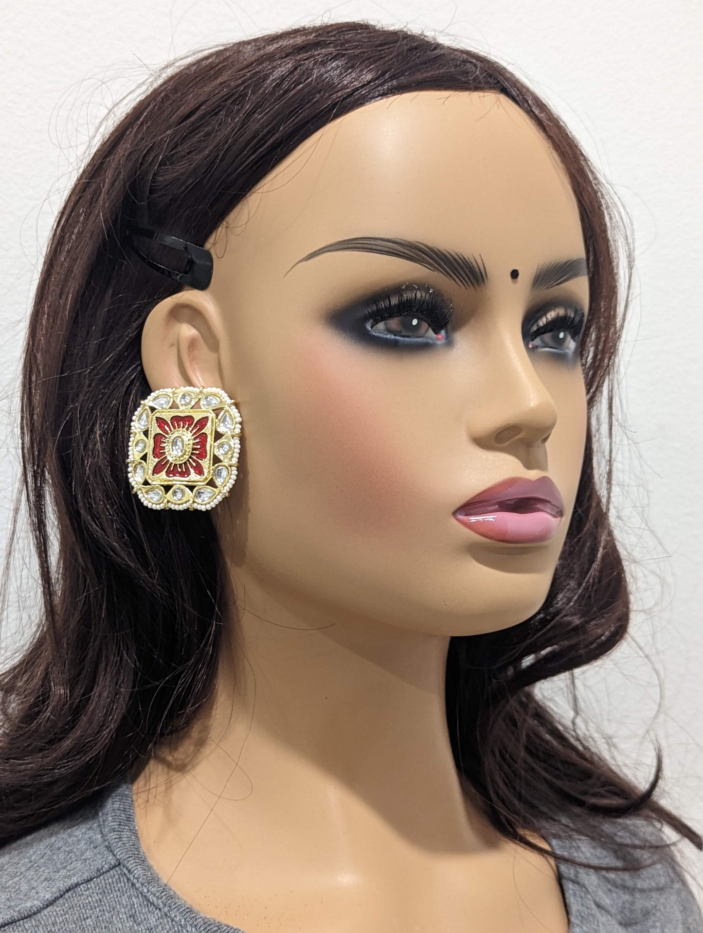 Curvy Square design Enamel work Kundan stone Large Stud Earrings - Simpliful