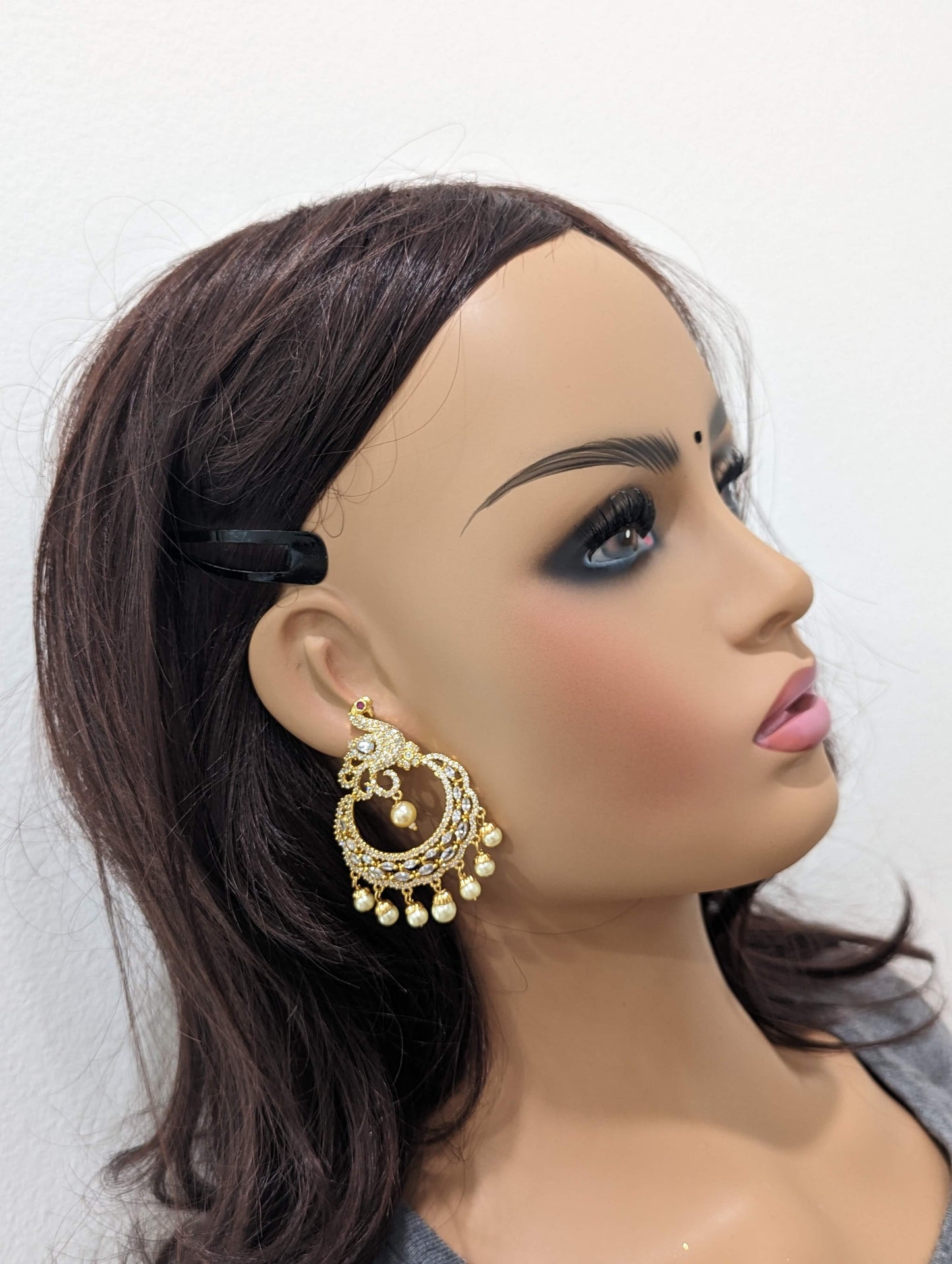 Peacock design - One gram gold plated cz stone embedded Traditional Ramleela style Earring - Simpliful