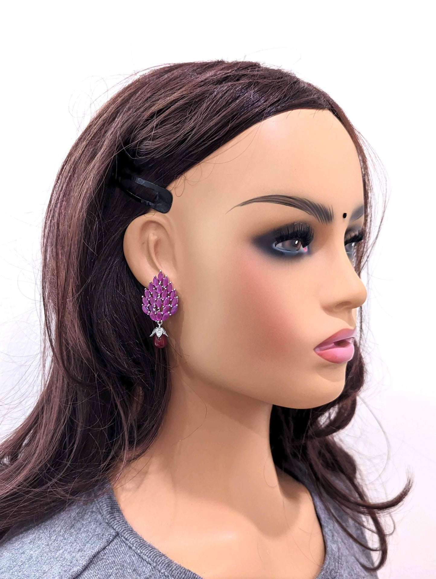 Teardrop design Ruby CZ Stud Earrings