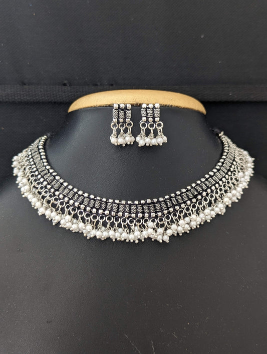 Oxidized silver Dori thread Choker Necklace set - Design 5