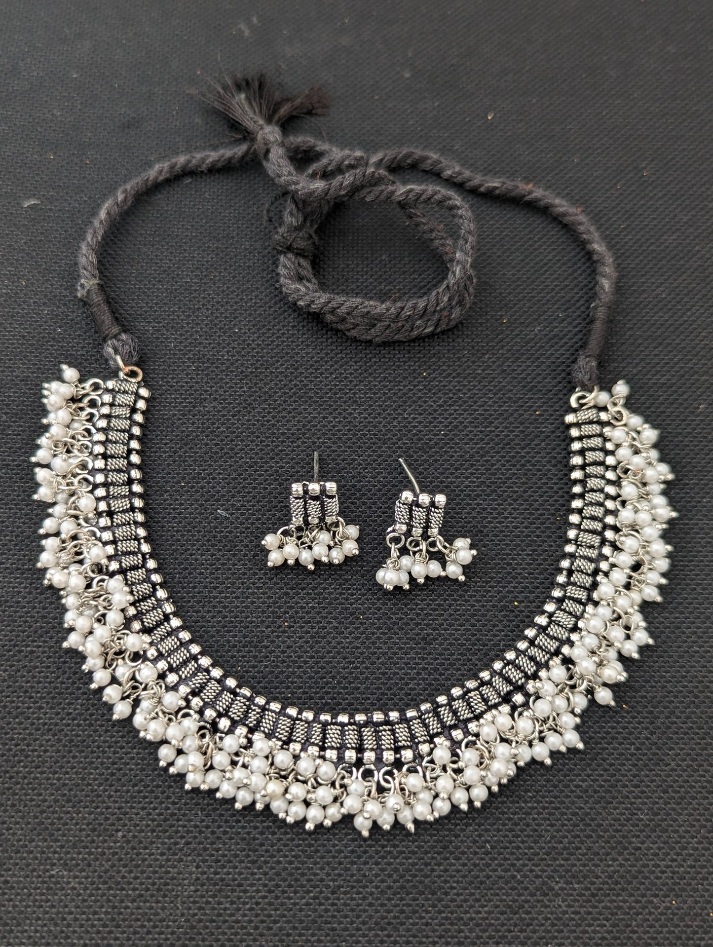 Oxidized silver Dori thread Choker Necklace set - Design 5