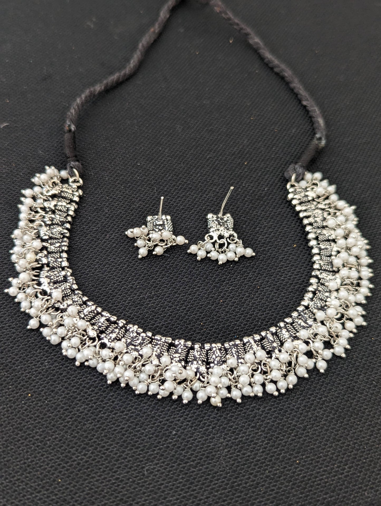 Oxidized silver Dori thread Choker Necklace set - Design 5