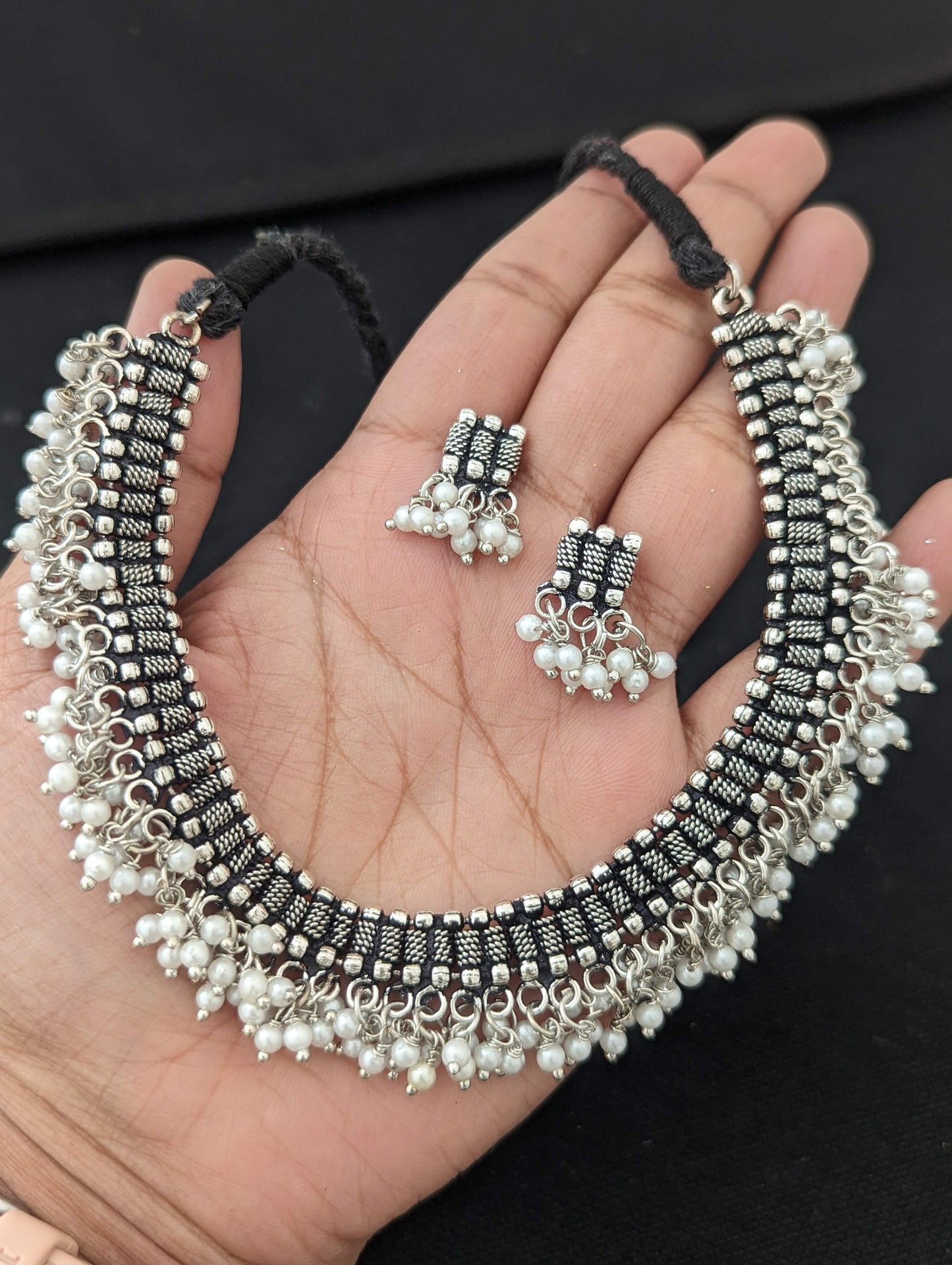 Oxidized silver Dori thread Choker Necklace set - Design 5
