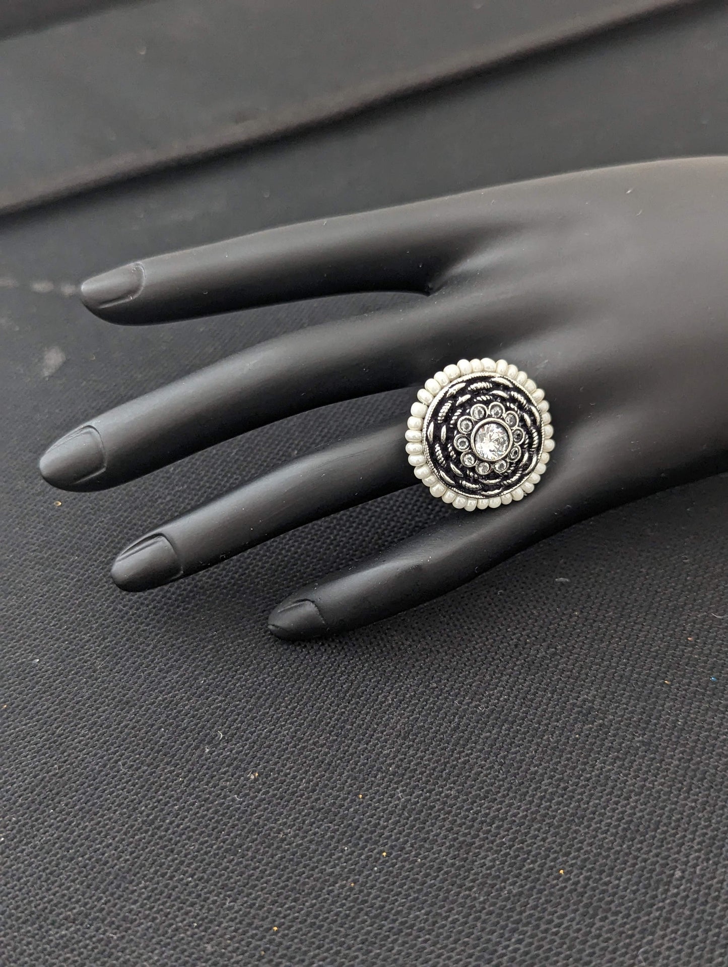 Oxidized Silver CZ stone Adjustable Finger ring