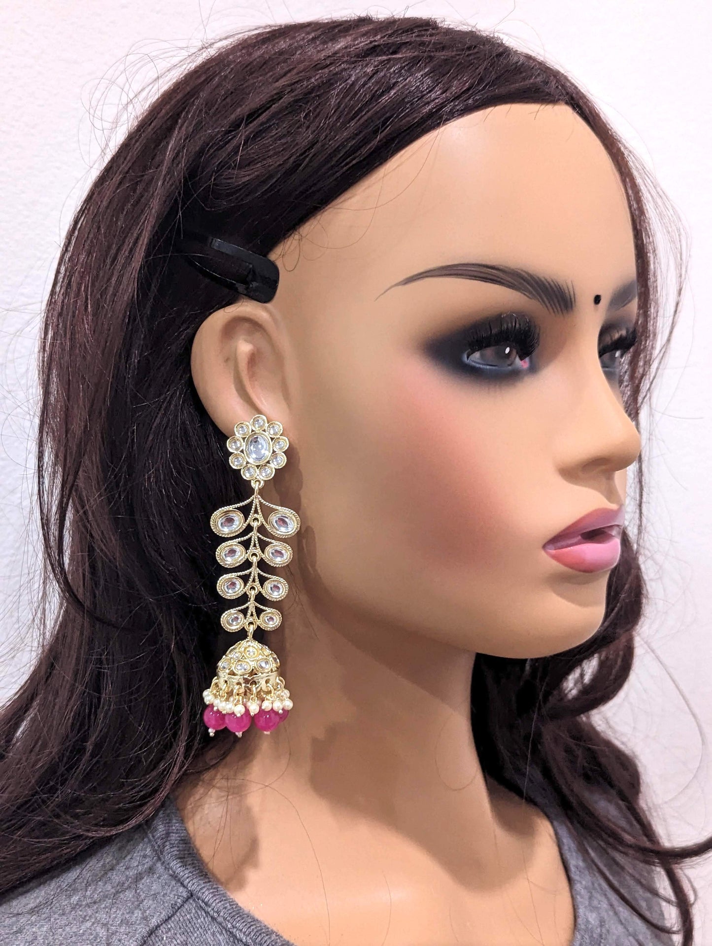 Glass kundan stone Long dangle Jhumka Earrings