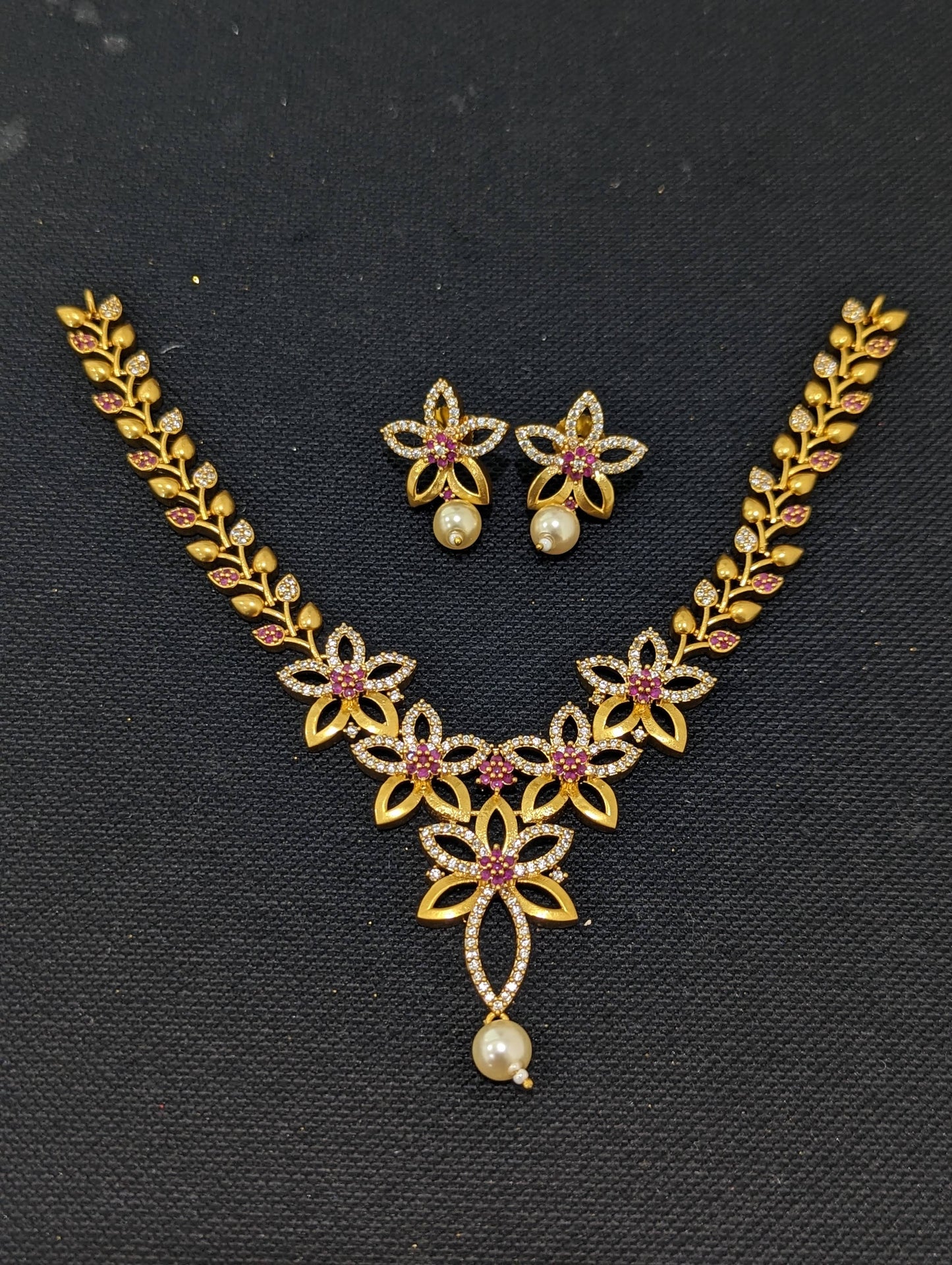 Antique Leafy Flower CZ Necklace and Earrings set