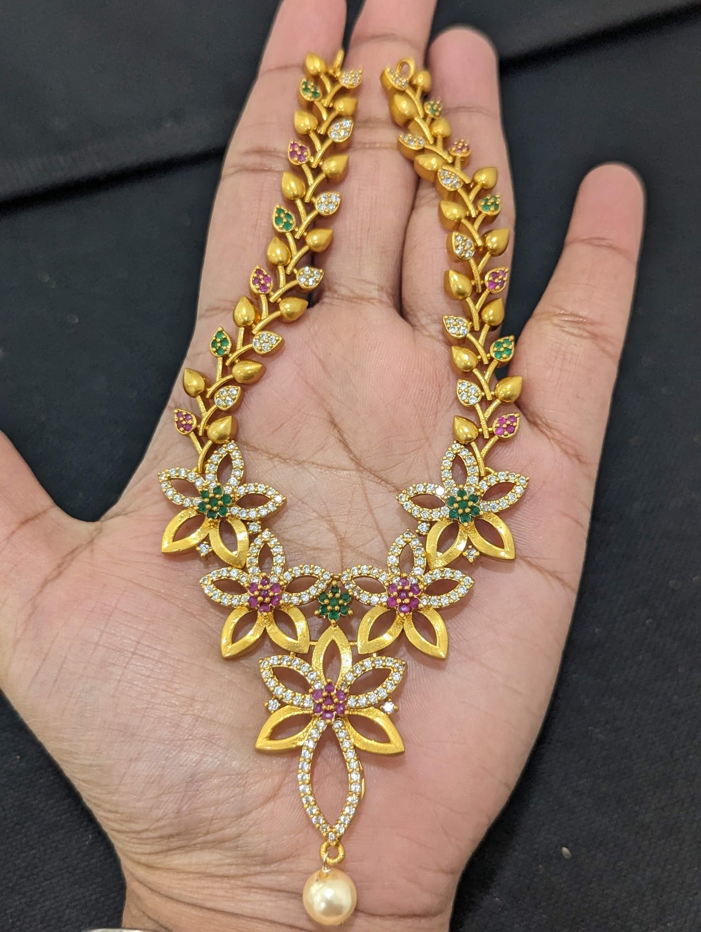 Antique Leafy Flower CZ Necklace and Earrings set
