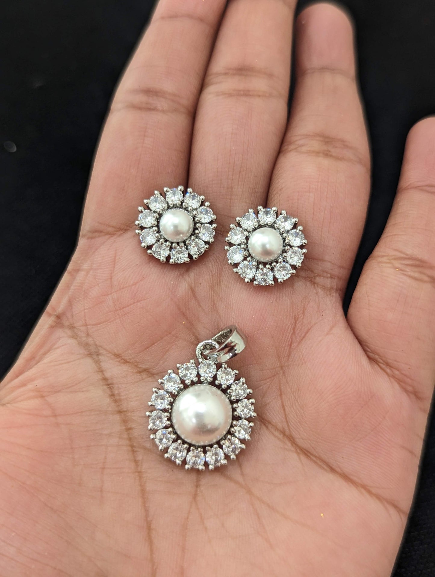 Pearl CZ Pendant and Earrings Set