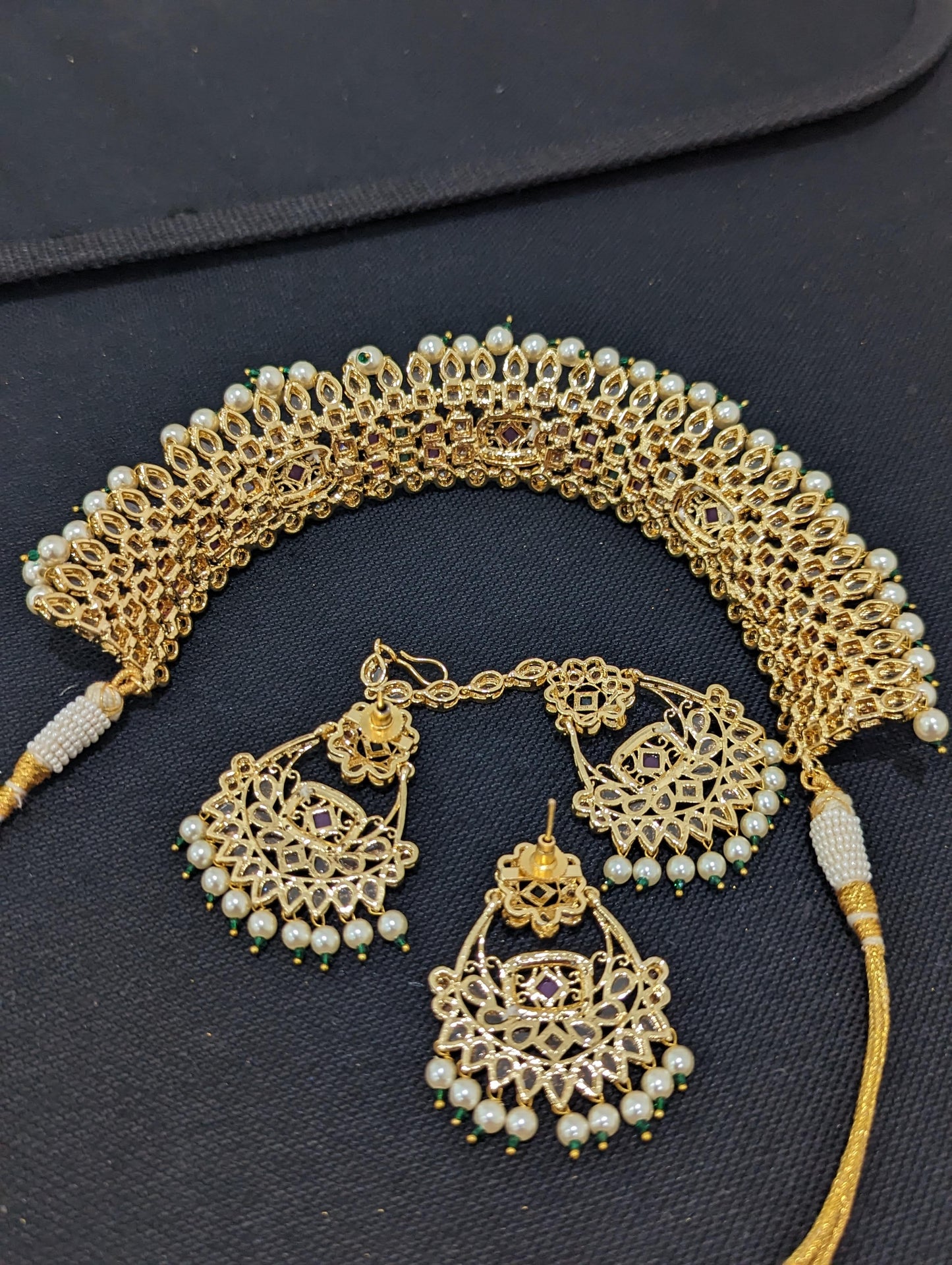Polki stone Gold plated Broad Choker Combo Set