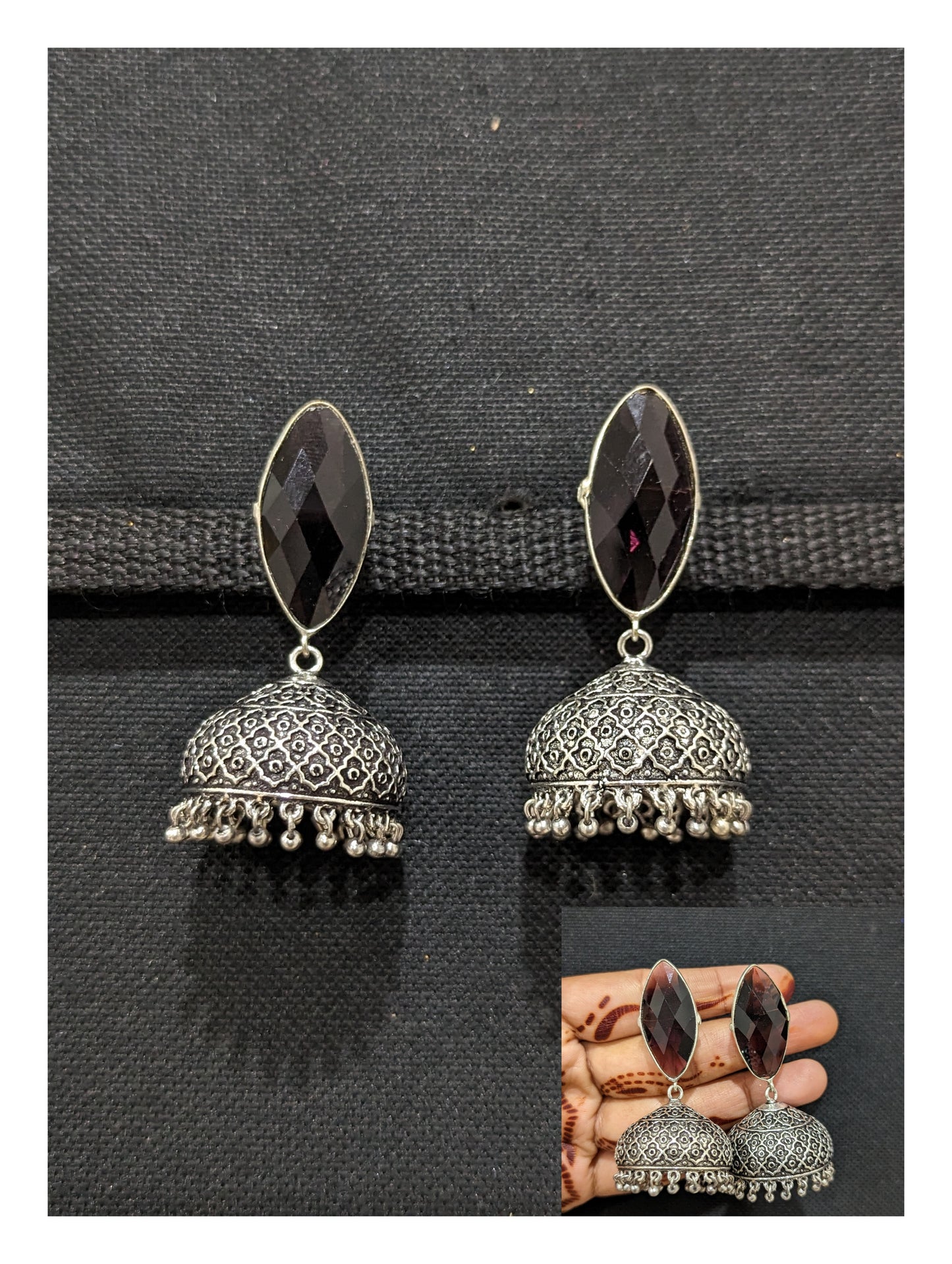 Oxidized silver colorful jhumka - 4 designs