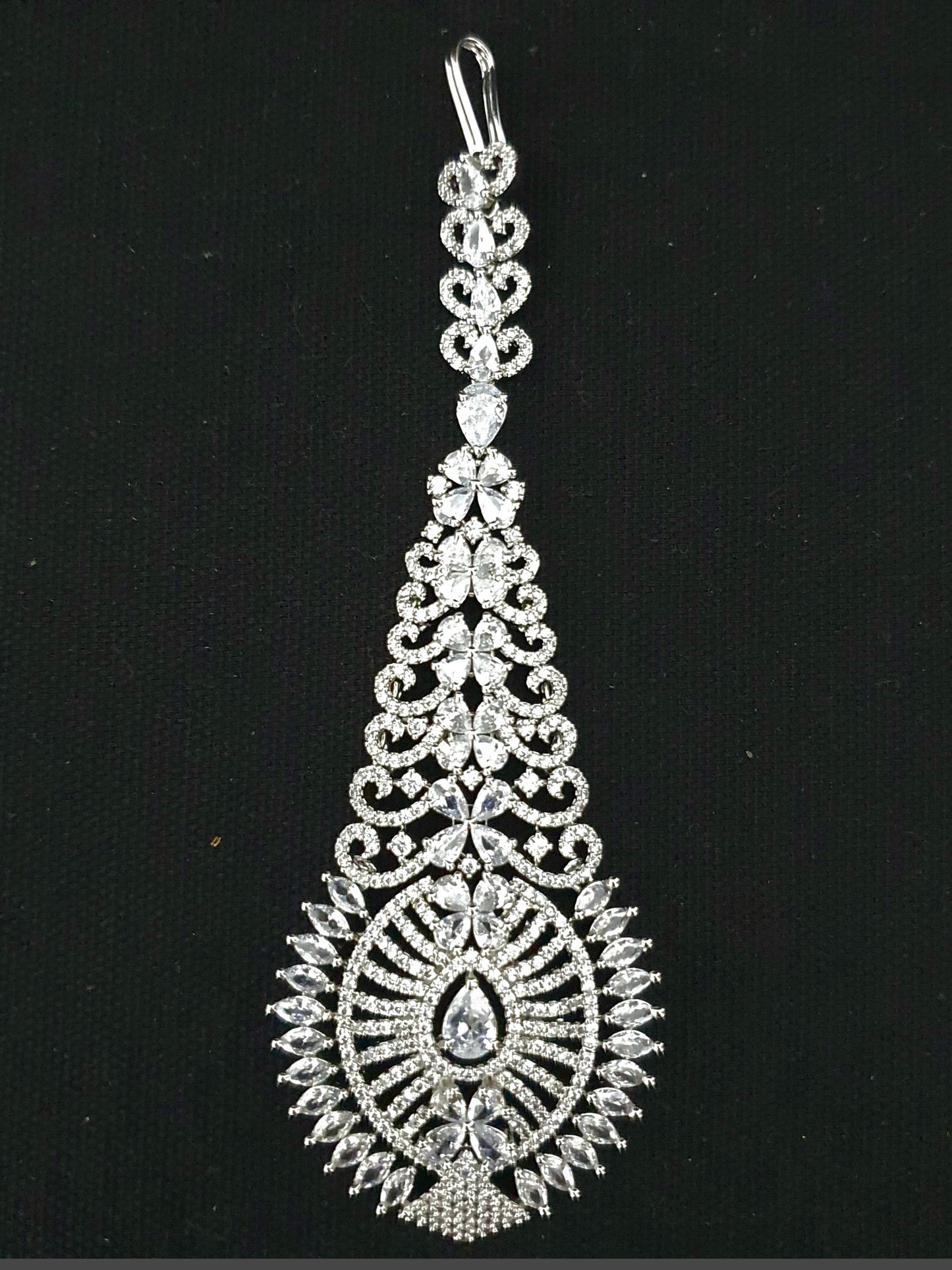 CZ stone pasted Oval Teardrop Diamond look alike Grand Maang Tikka