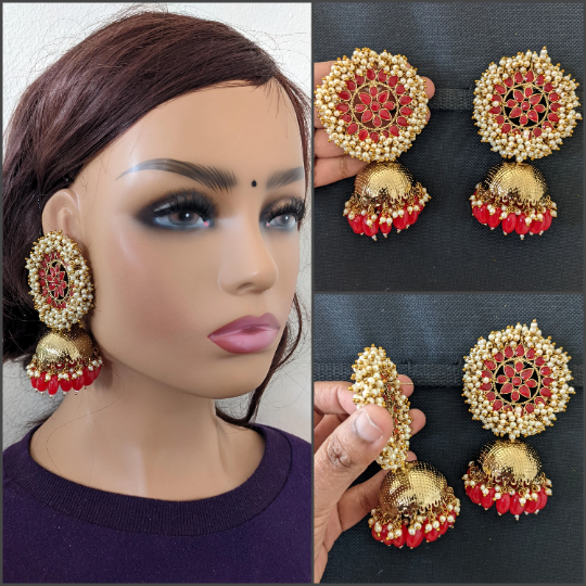 Mehandi Gold plated XL Stud Large Jhumka Earrings