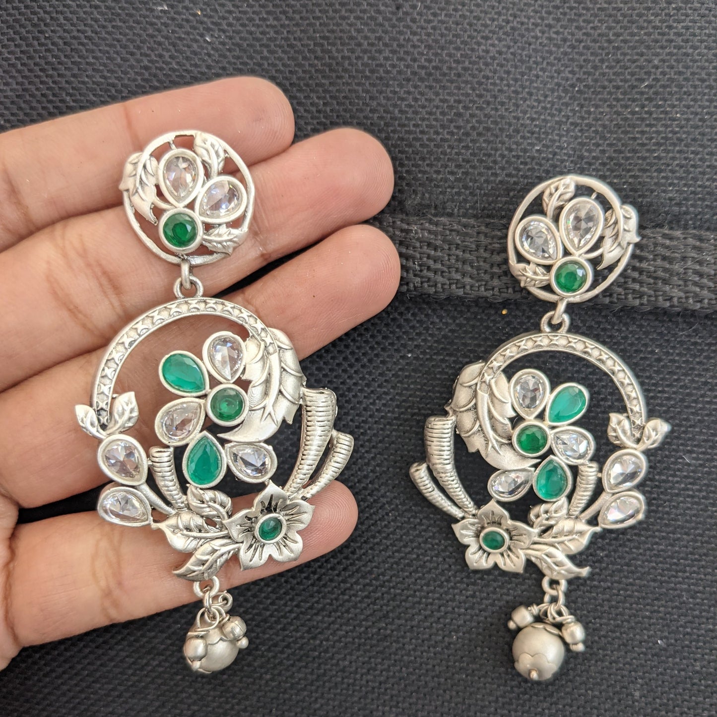 Bright Silver matte polished CZ flower Dangle Earrings