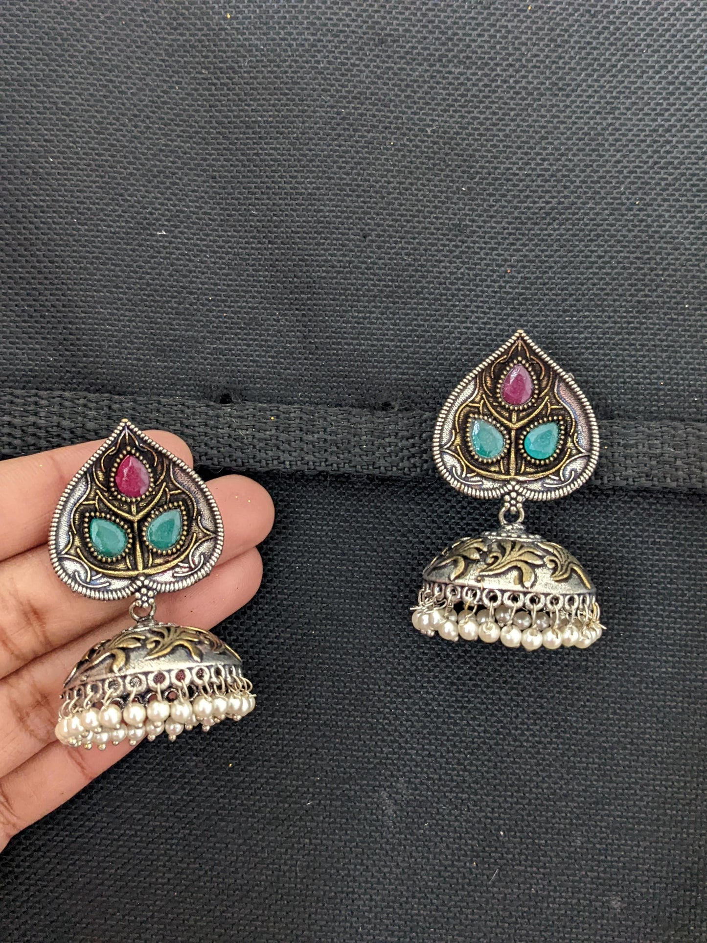 2 tone leaf design jhumka Earrings - Simpliful