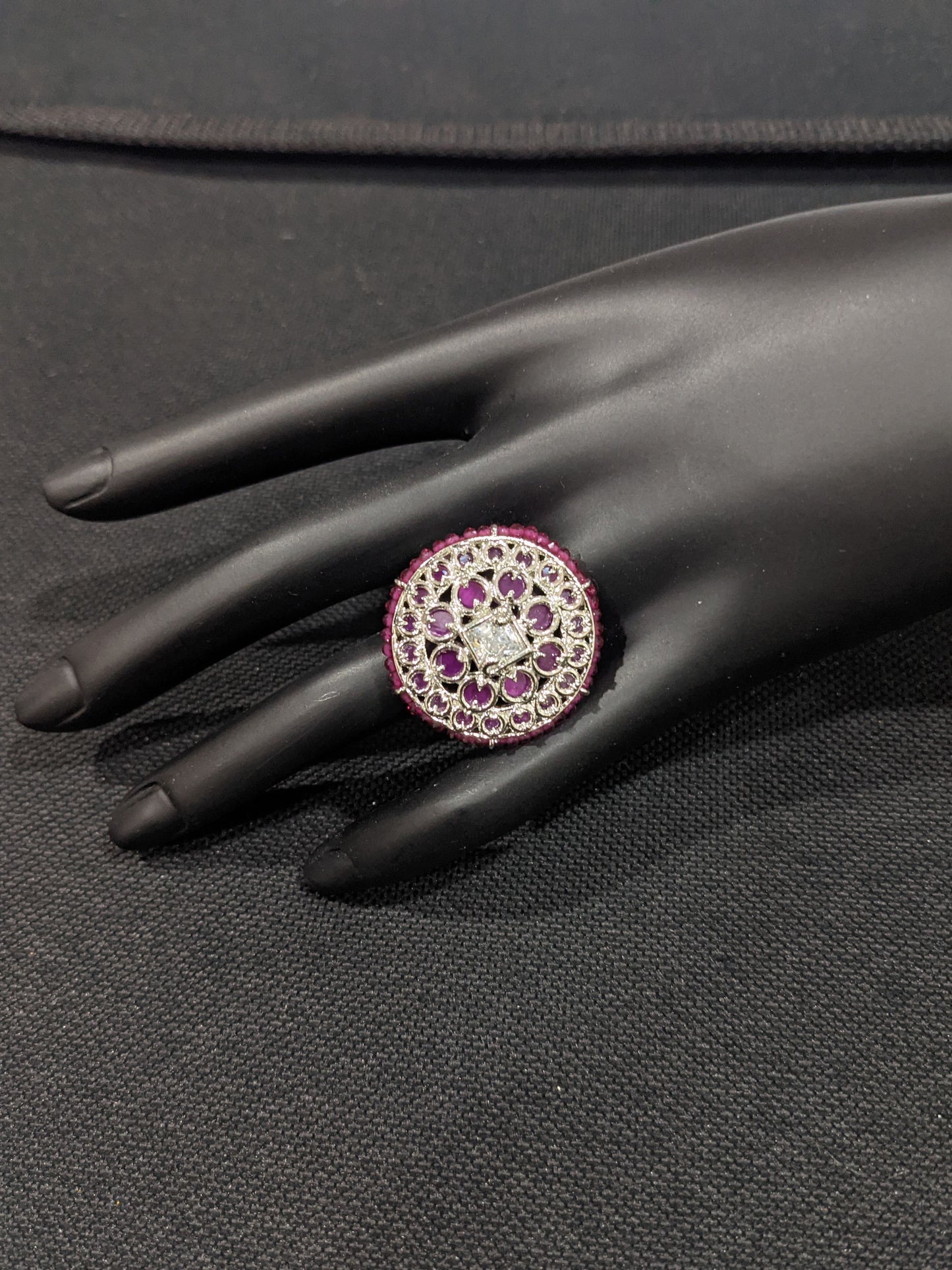 Silver Rhodium plated Polki stone Round adjustable Finger rings