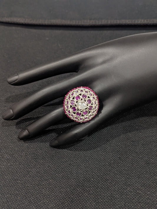 Silver Rhodium plated Polki stone Round adjustable Finger rings