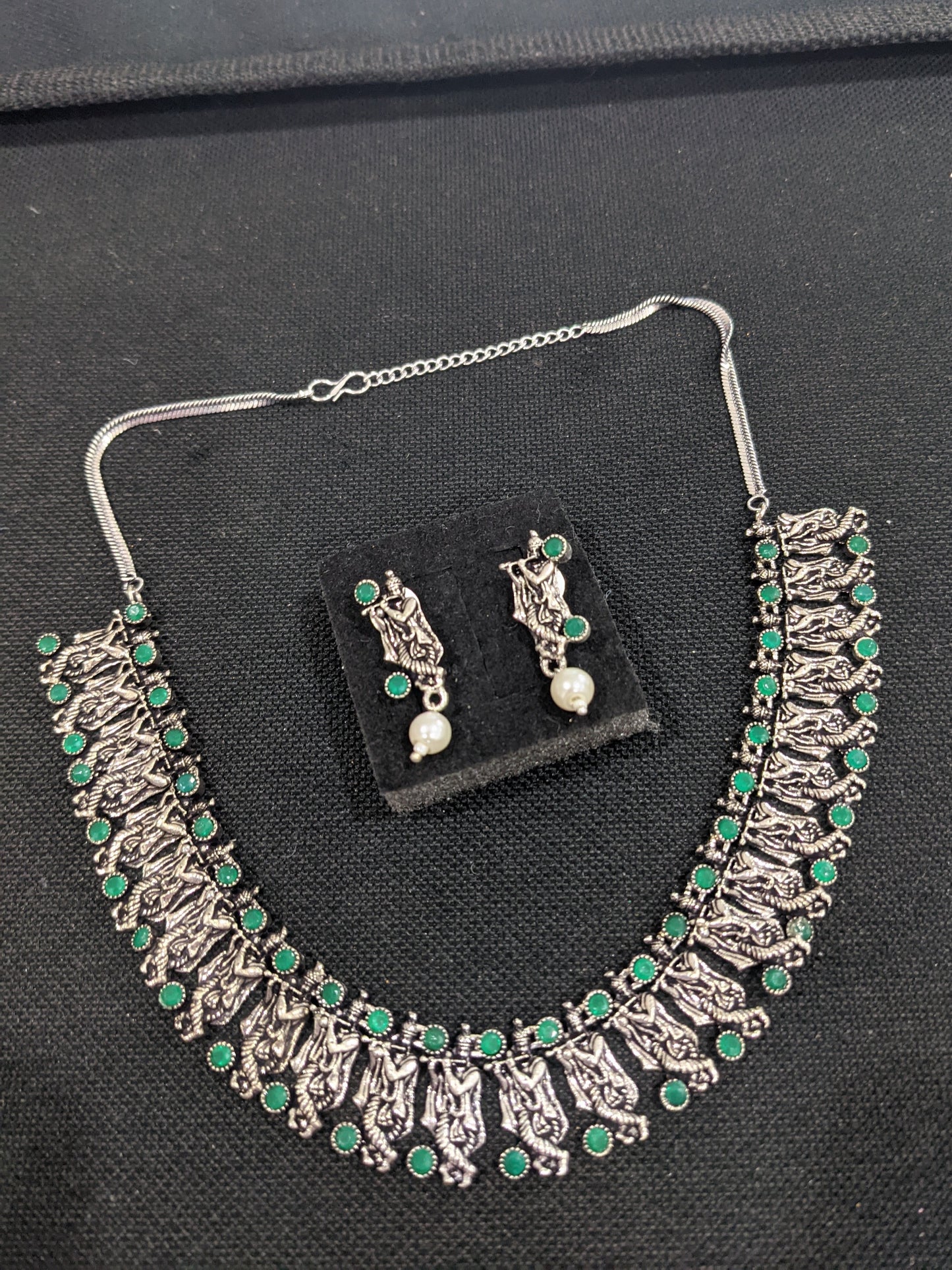 Oxidized Silver Lord Krishna Choker Necklace and Earring set - Simpliful