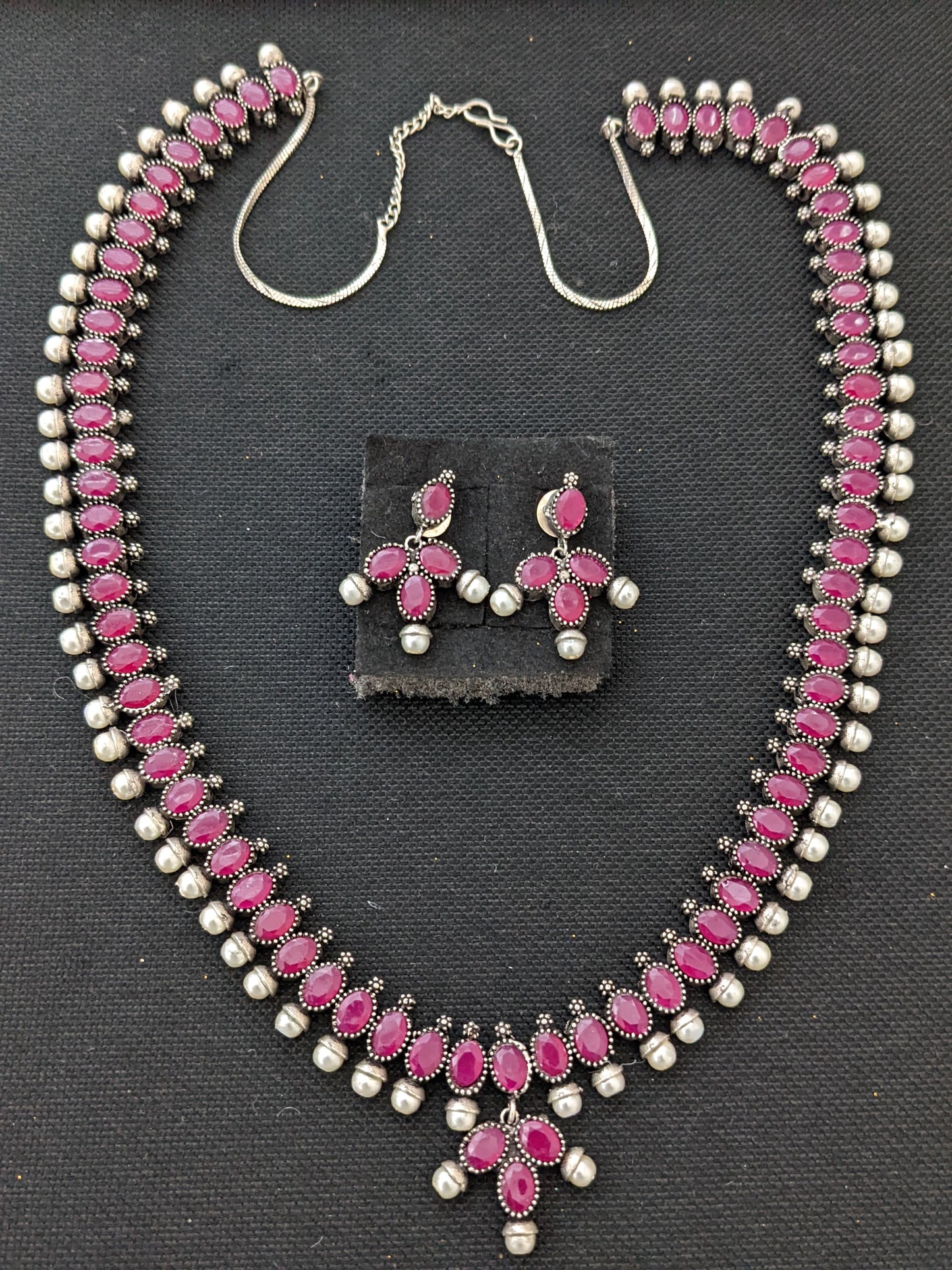 Oxidized Silver Oval Polki stone Long necklace and stud earrings set