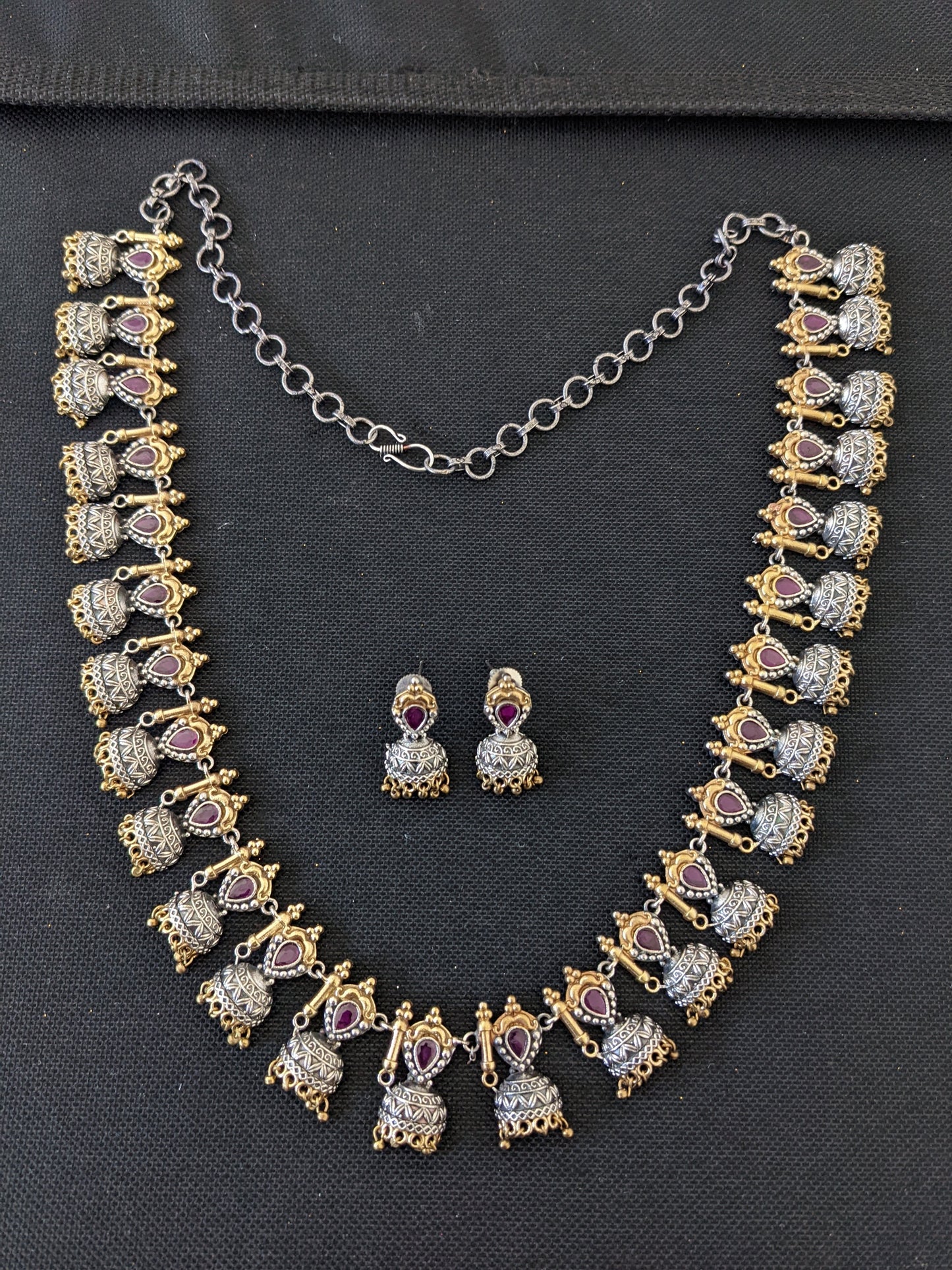 Cut Jhumka CZ stone Dual tone German Silver Long haram and earrings set