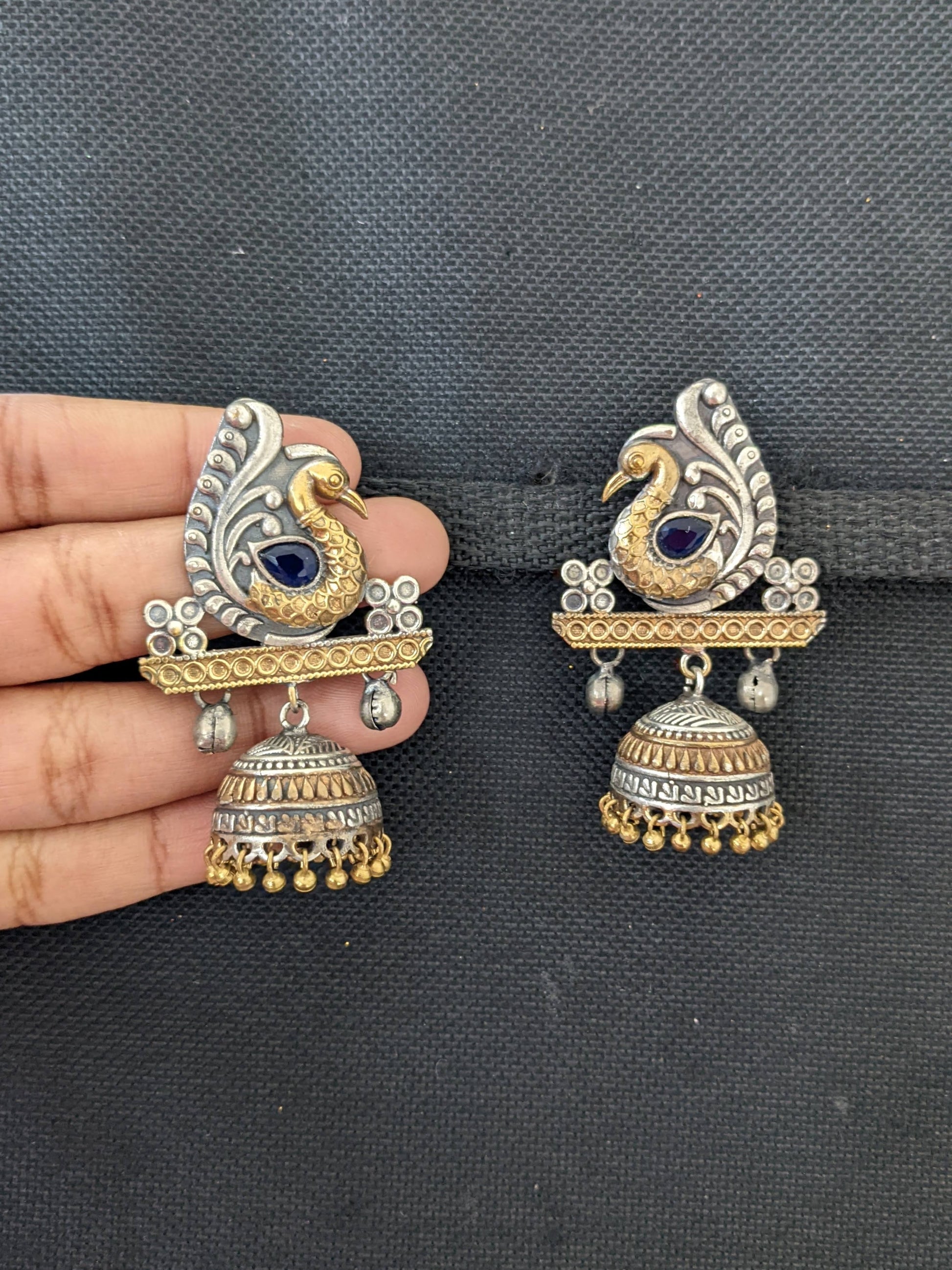 Peacock stud with jhumka hanging dual tone oxidized earring - Simpliful