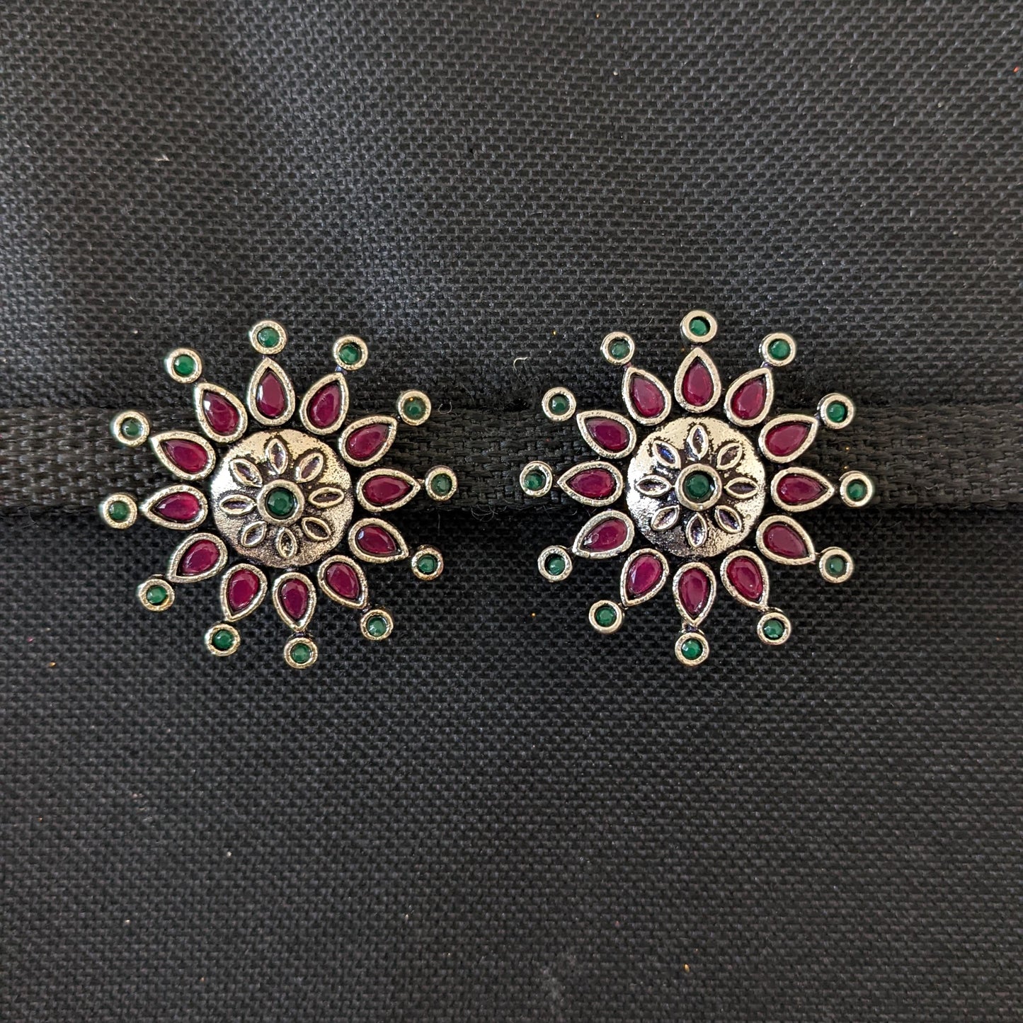 SALE - Oxidized Silver Polki / CZ stone Stud Earrings