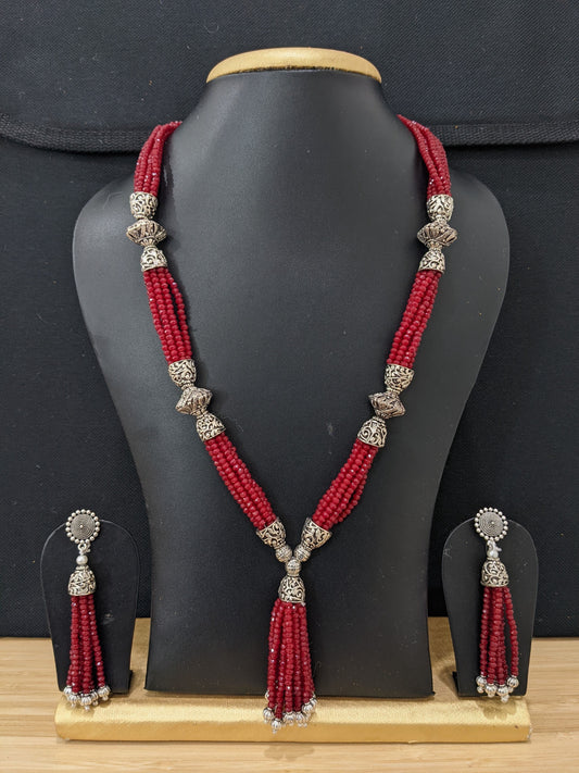 Crystal bead multi stranded tassel style oxidized long chain necklace and earring set - Simpliful