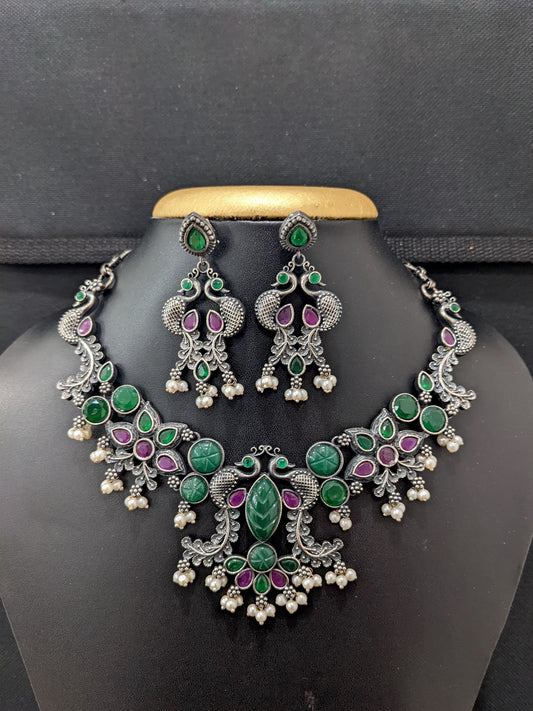 German silver Peacock design CZ Choker set